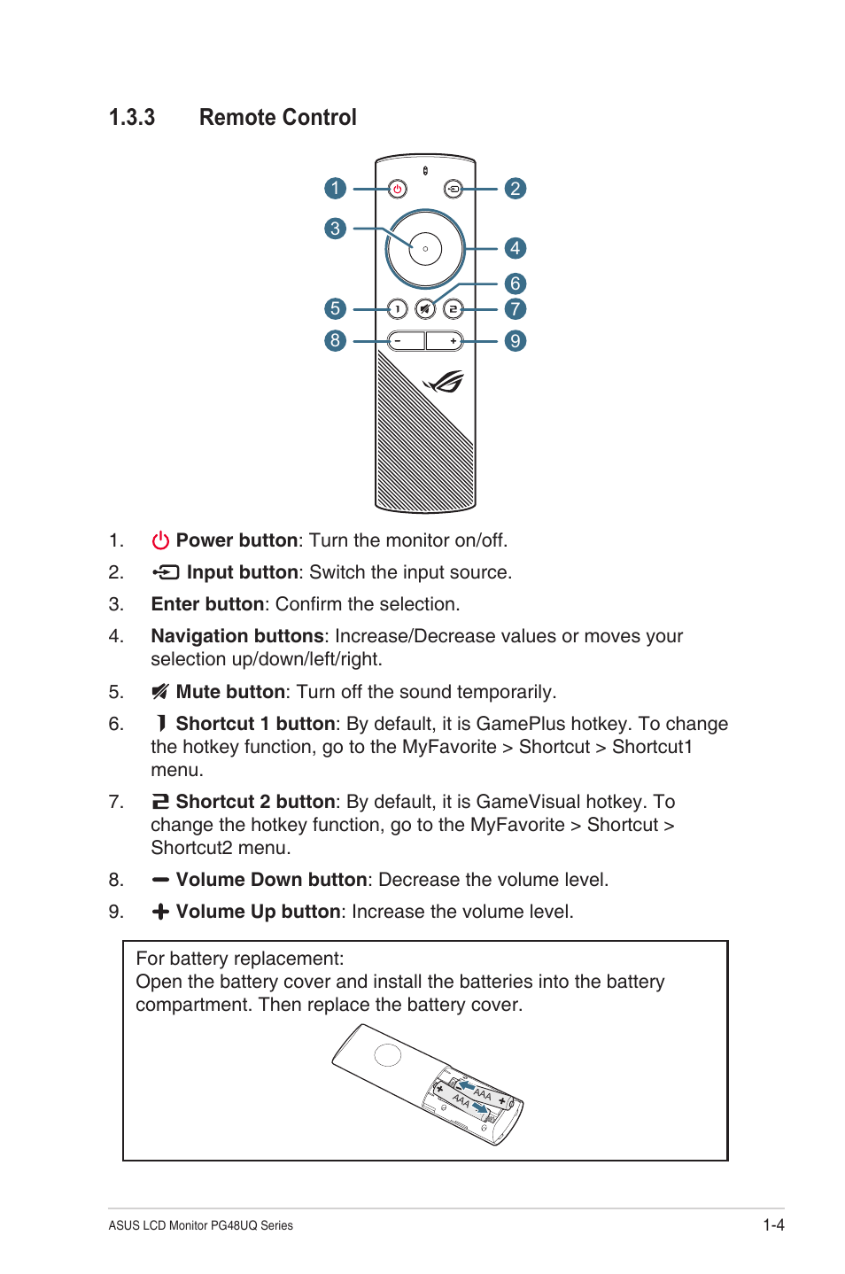 3 remote control, Remote control -4 | Asus Republic of Gamers Swift PG48UQ 47.5" 4K HDR 138 Hz Gaming Monitor User Manual | Page 11 / 33