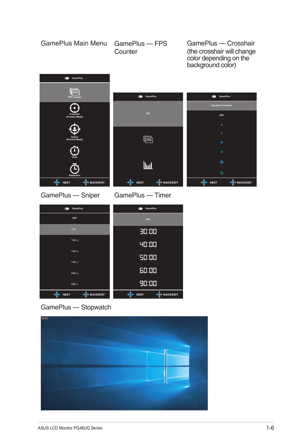 Gameplus — sniper gameplus — timer, Gameplus — stopwatch, Asus lcd monitor pg48uq series | Asus Republic of Gamers Swift PG48UQ 47.5" 4K HDR 138 Hz Gaming Monitor User Manual | Page 13 / 33