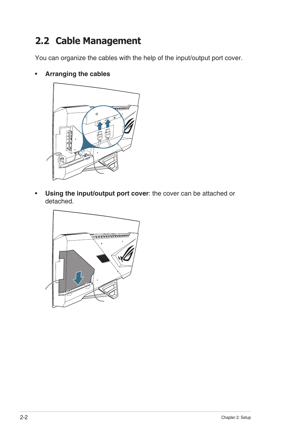 2 cable management, Cable management -2, Chapter 2: setup | Asus Republic of Gamers Swift PG48UQ 47.5" 4K HDR 138 Hz Gaming Monitor User Manual | Page 16 / 33