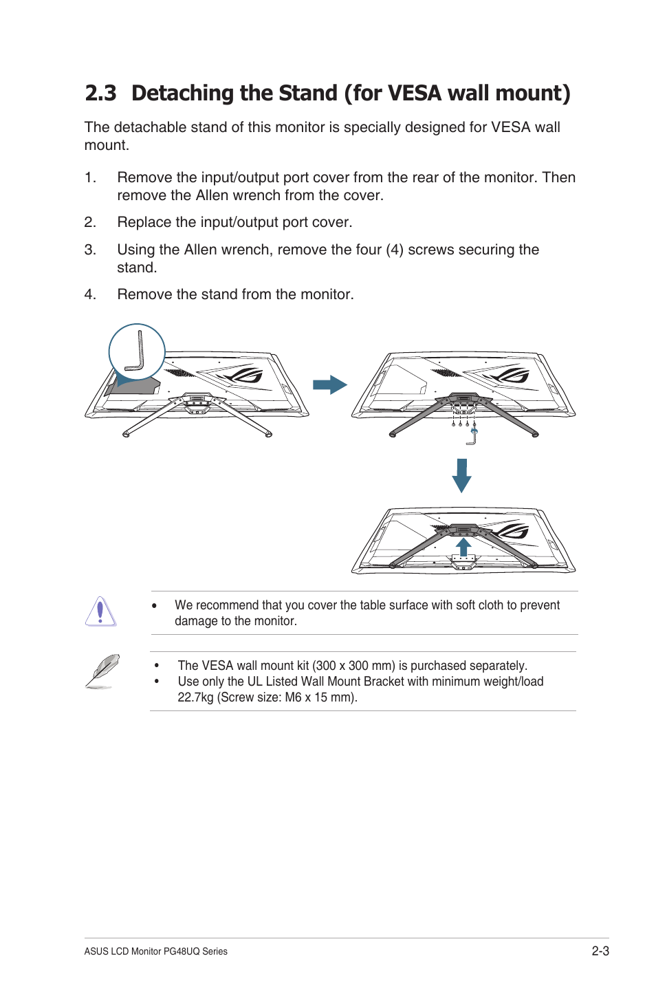 3 detaching the stand (for vesa wall mount), Detaching the stand (for vesa wall mount) -3 | Asus Republic of Gamers Swift PG48UQ 47.5" 4K HDR 138 Hz Gaming Monitor User Manual | Page 17 / 33