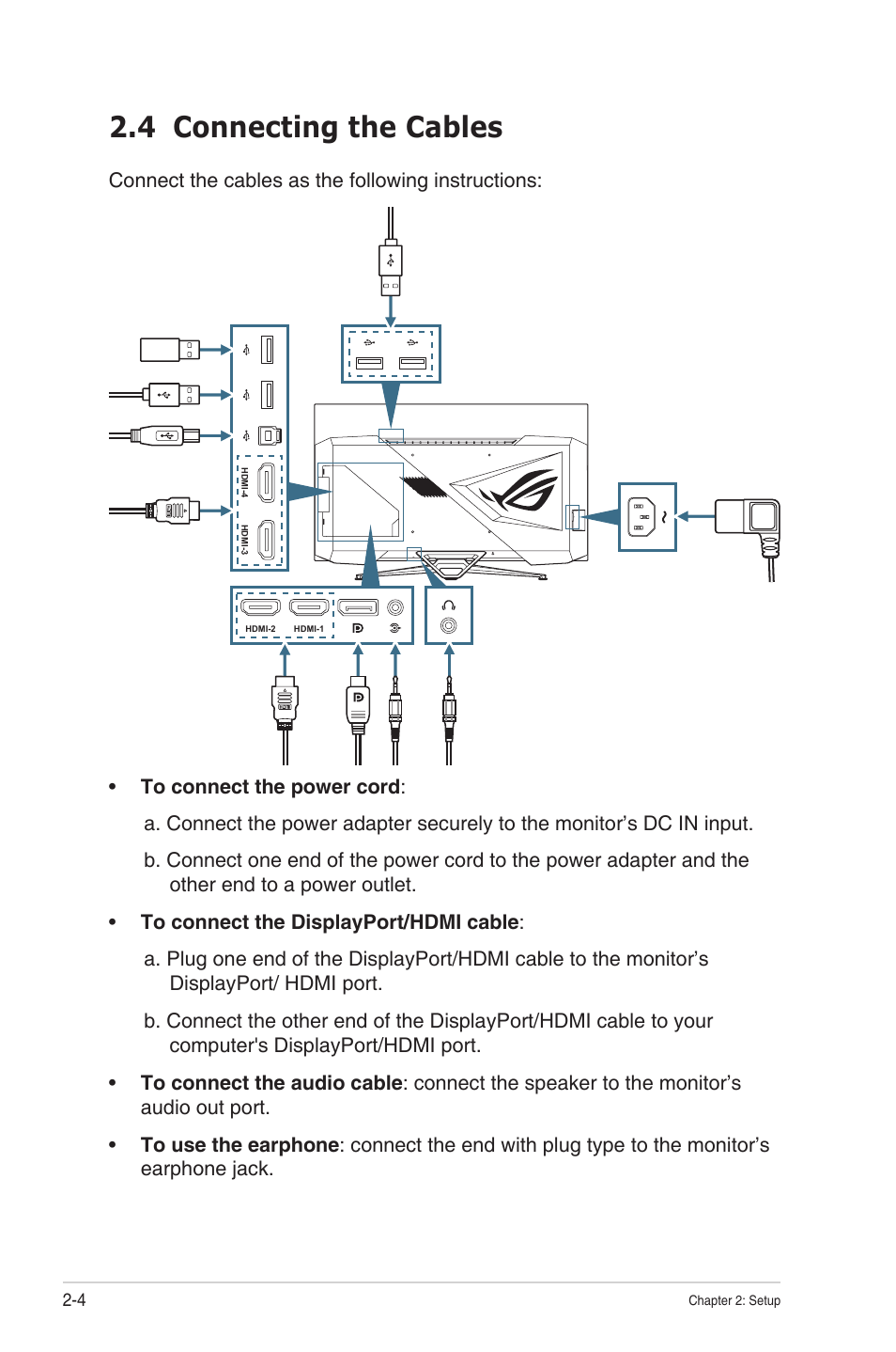 4 connecting the cables, Connecting the cables -4 | Asus Republic of Gamers Swift PG48UQ 47.5" 4K HDR 138 Hz Gaming Monitor User Manual | Page 18 / 33