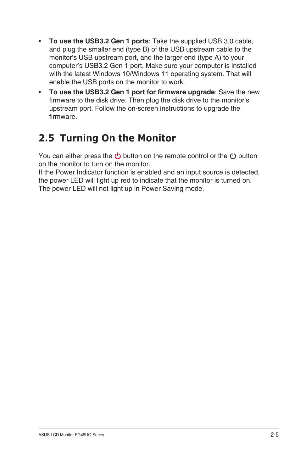 5 turning on the monitor, Turning on the monitor -5 | Asus Republic of Gamers Swift PG48UQ 47.5" 4K HDR 138 Hz Gaming Monitor User Manual | Page 19 / 33