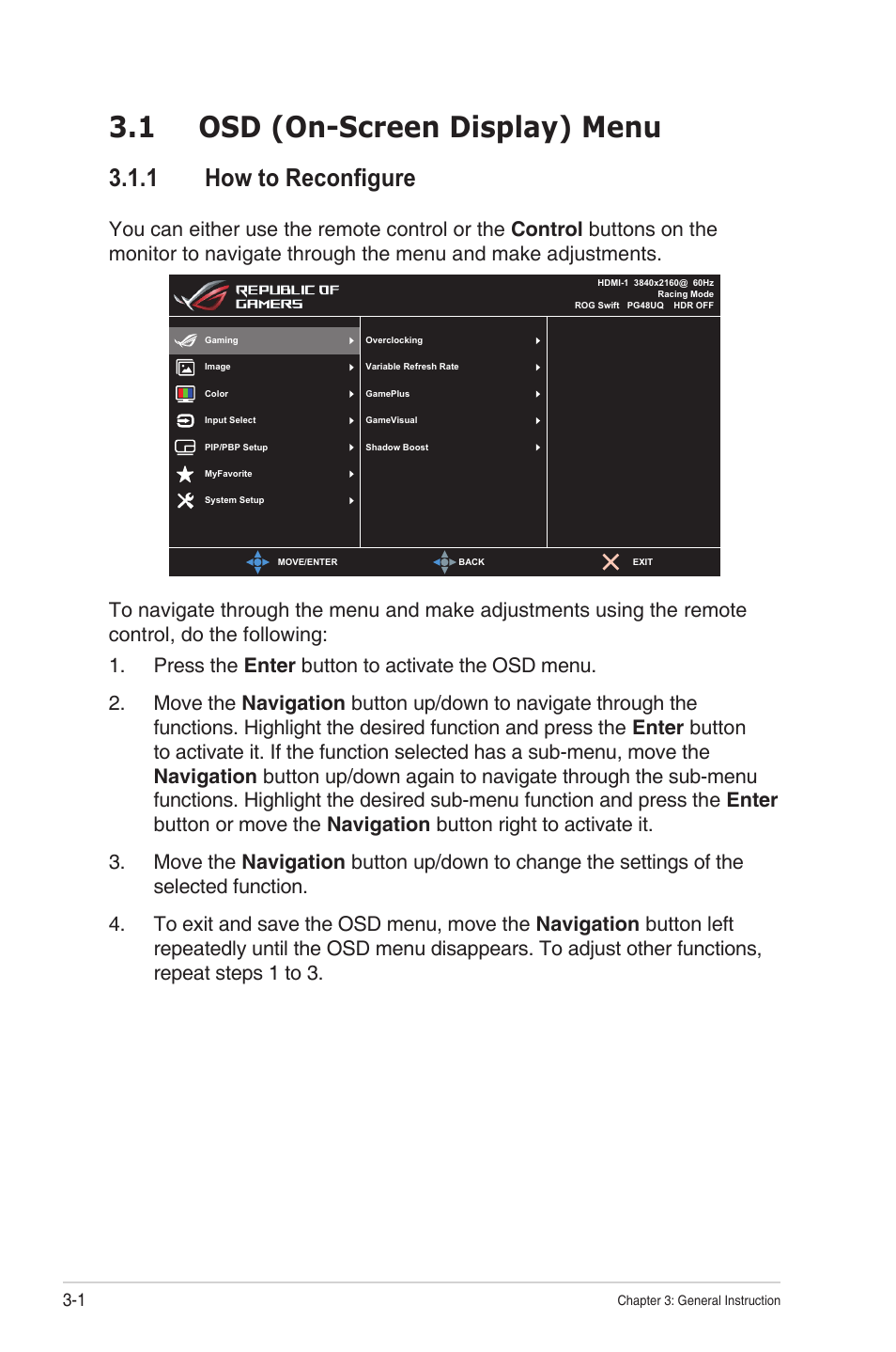 Chapter 3: general instructions, 1 osd (on-screen display) menu, 1 how to reconfigure | Chapter 3: general instructions 3.1, Osd (on-screen display) menu -1, How to reconfigure -1 | Asus Republic of Gamers Swift PG48UQ 47.5" 4K HDR 138 Hz Gaming Monitor User Manual | Page 20 / 33