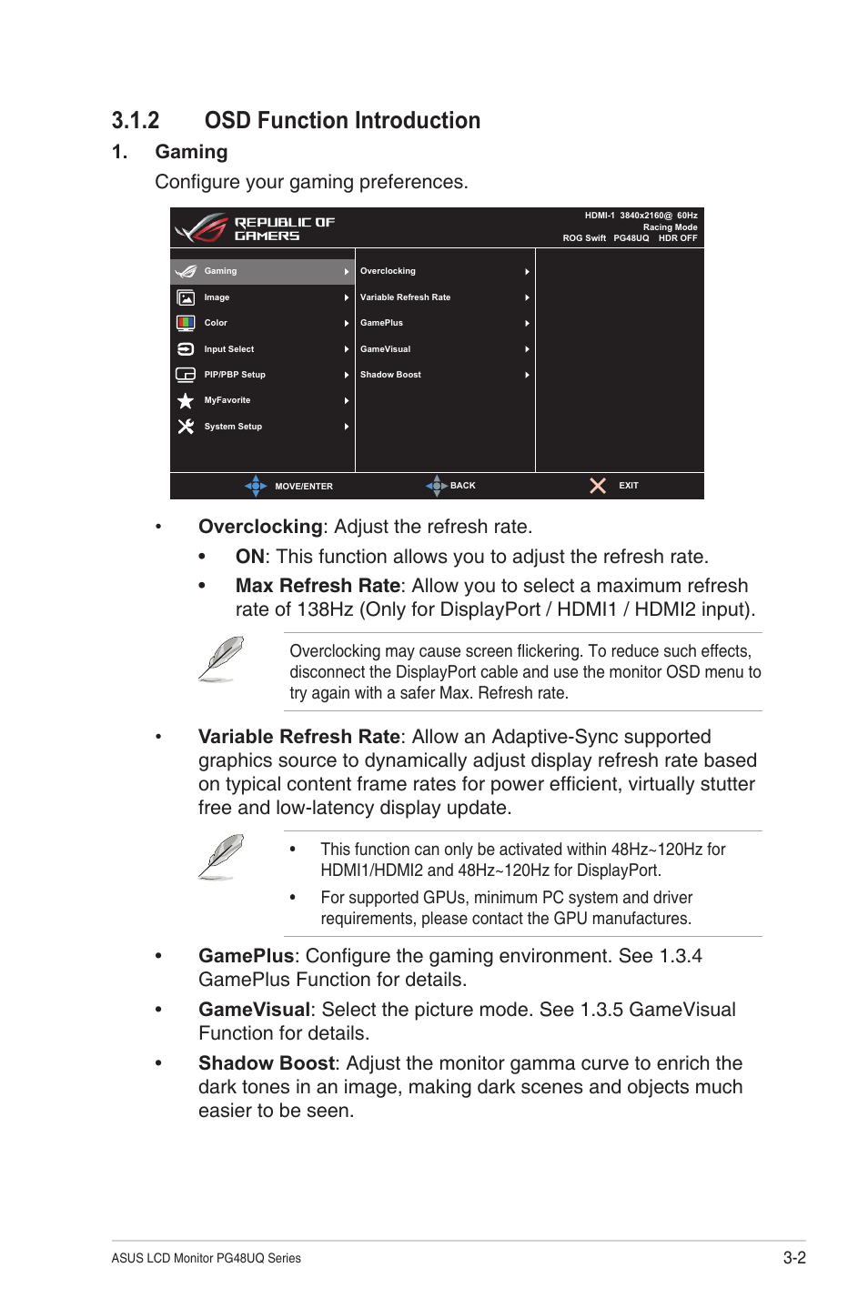 2 osd function introduction, Osd function introduction -2, Gaming configure your gaming preferences | Asus Republic of Gamers Swift PG48UQ 47.5" 4K HDR 138 Hz Gaming Monitor User Manual | Page 21 / 33