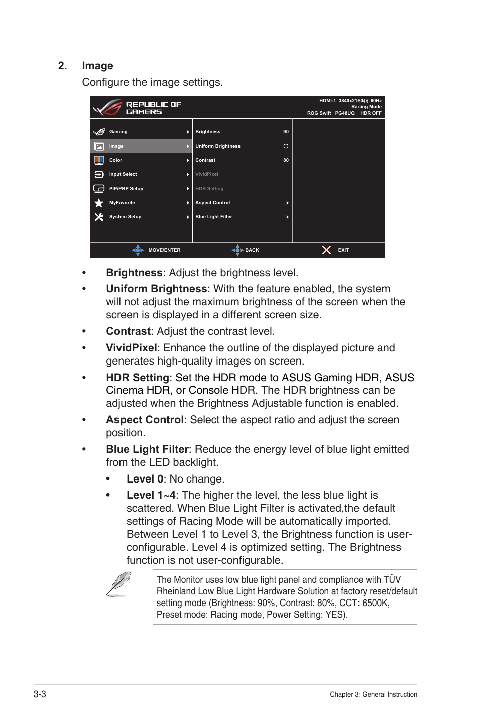 Image configure the image settings | Asus Republic of Gamers Swift PG48UQ 47.5" 4K HDR 138 Hz Gaming Monitor User Manual | Page 22 / 33