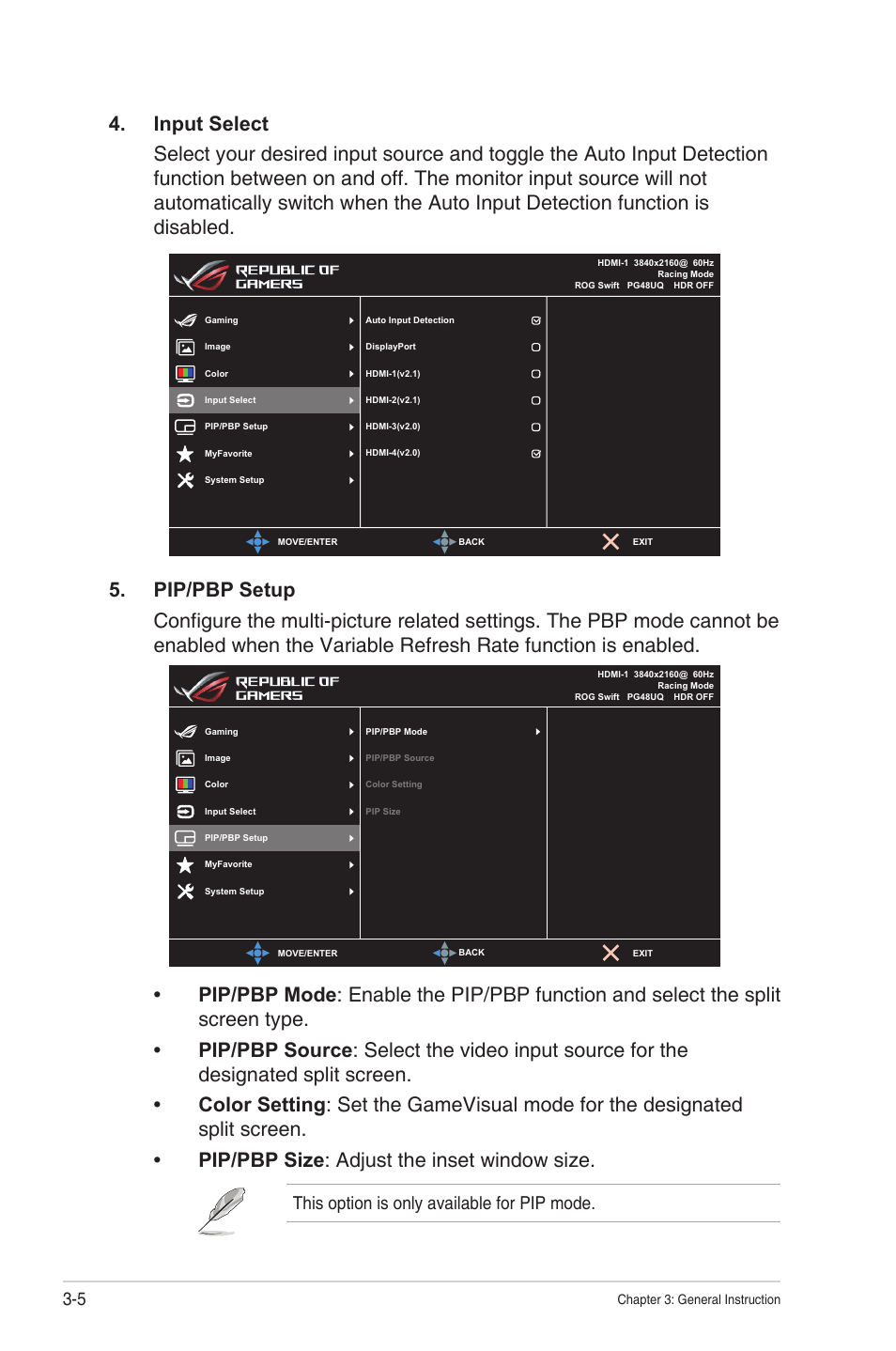 This option is only available for pip mode | Asus Republic of Gamers Swift PG48UQ 47.5" 4K HDR 138 Hz Gaming Monitor User Manual | Page 24 / 33