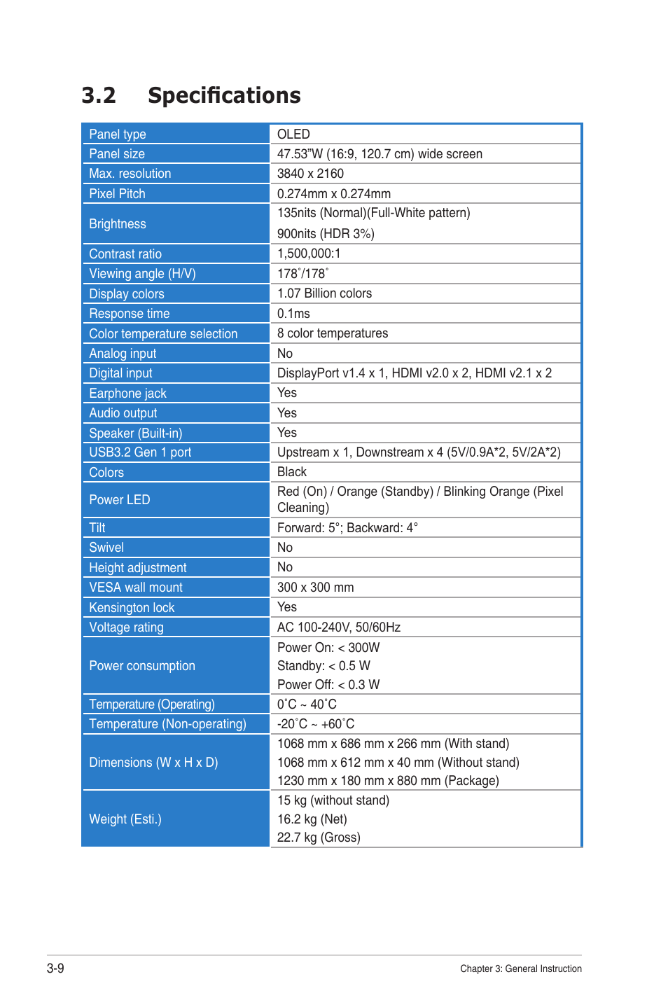 2 specifications, Specifications -9 | Asus Republic of Gamers Swift PG48UQ 47.5" 4K HDR 138 Hz Gaming Monitor User Manual | Page 28 / 33