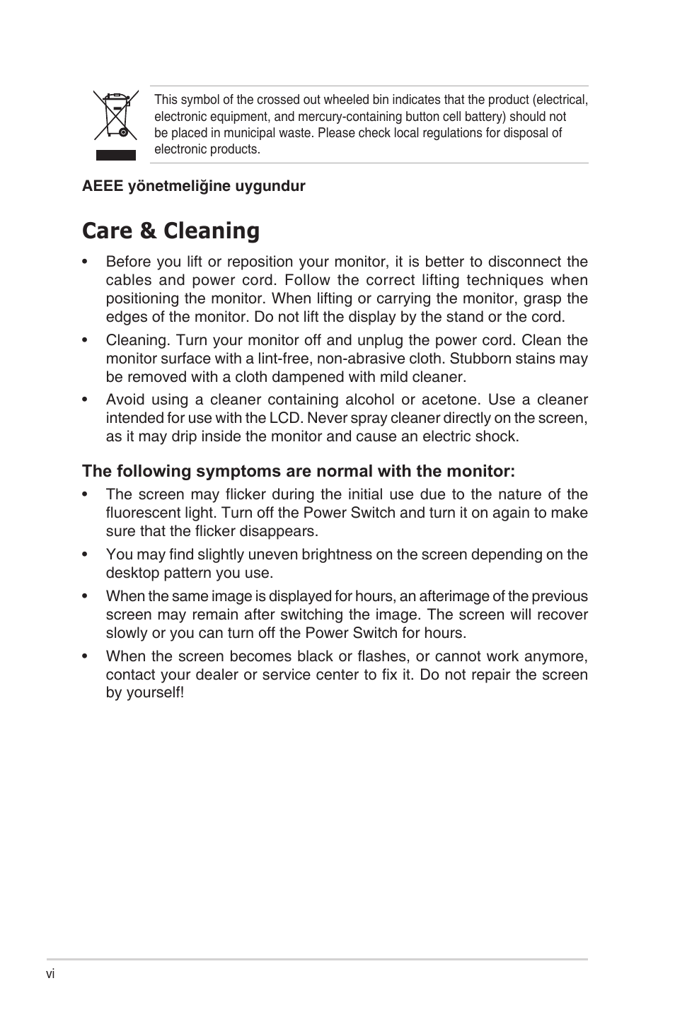 Care & cleaning | Asus Republic of Gamers Swift PG48UQ 47.5" 4K HDR 138 Hz Gaming Monitor User Manual | Page 6 / 33