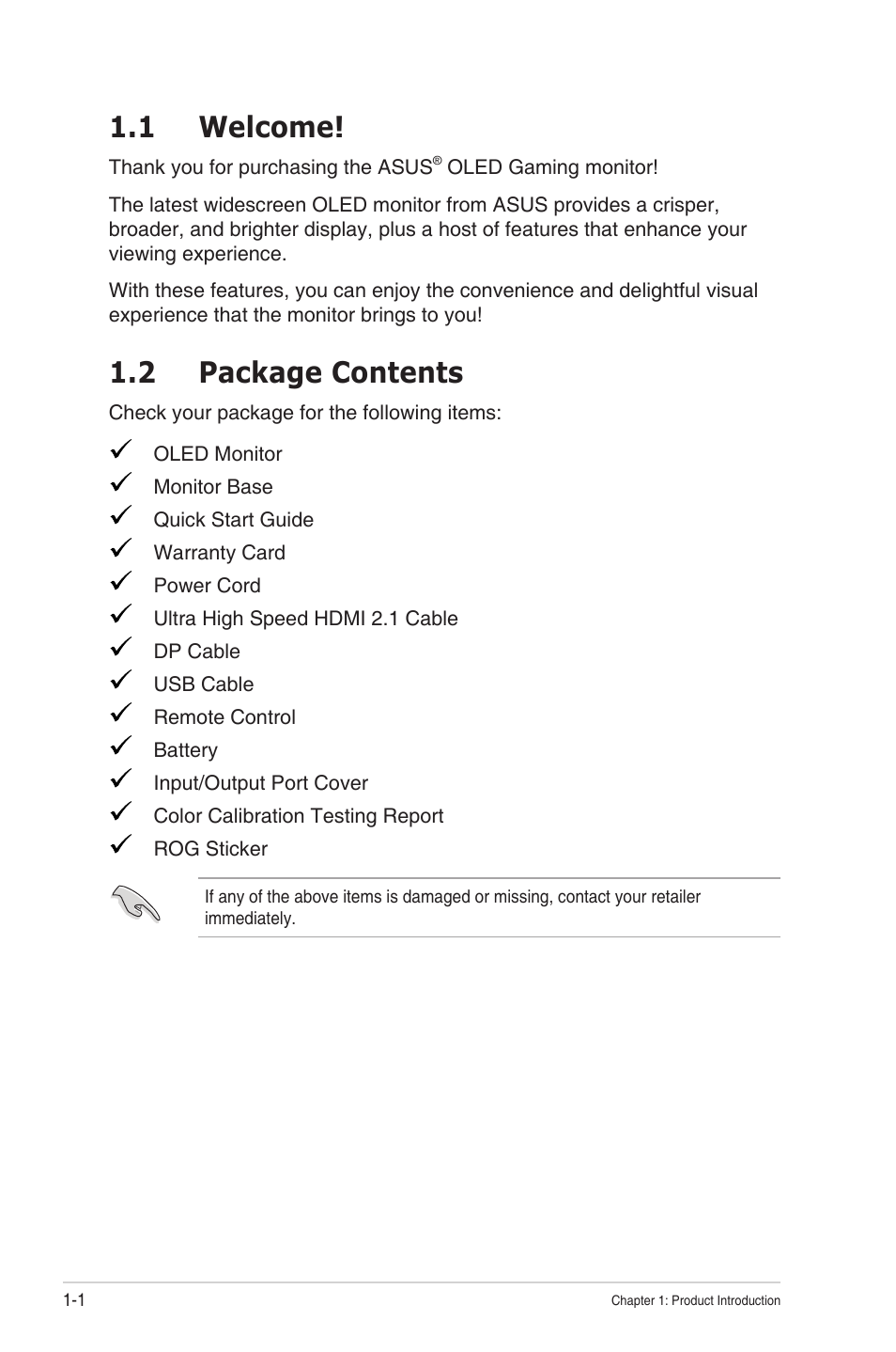 Chapter 1: product introduction, 1 welcome, 2 package contents | Package contents -1, Chapter 1: product introduction 1.1 welcome | Asus Republic of Gamers Swift PG48UQ 47.5" 4K HDR 138 Hz Gaming Monitor User Manual | Page 8 / 33