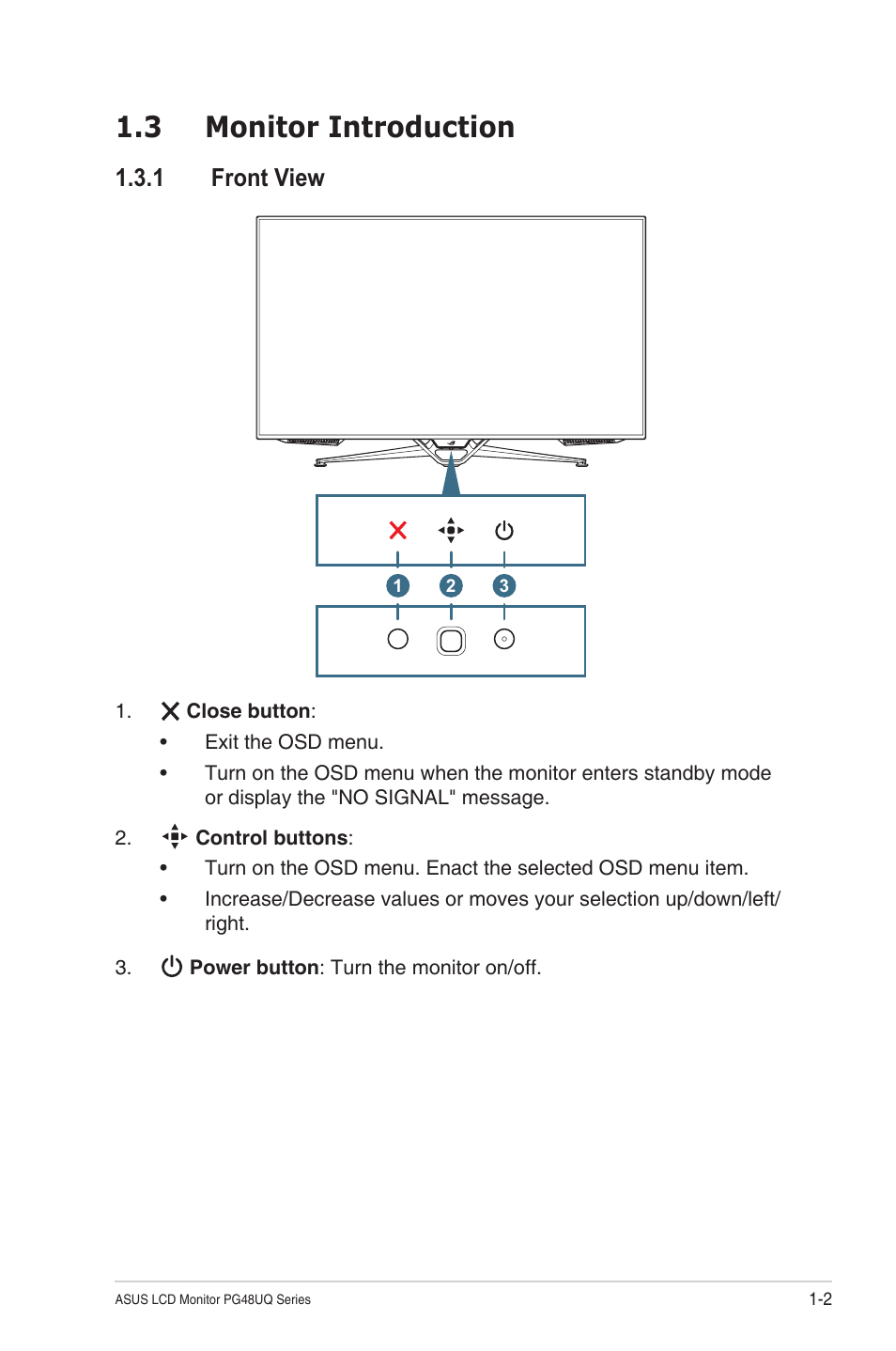 3 monitor introduction, 1 front view, Monitor introduction -2 | Front view -2 | Asus Republic of Gamers Swift PG48UQ 47.5" 4K HDR 138 Hz Gaming Monitor User Manual | Page 9 / 33