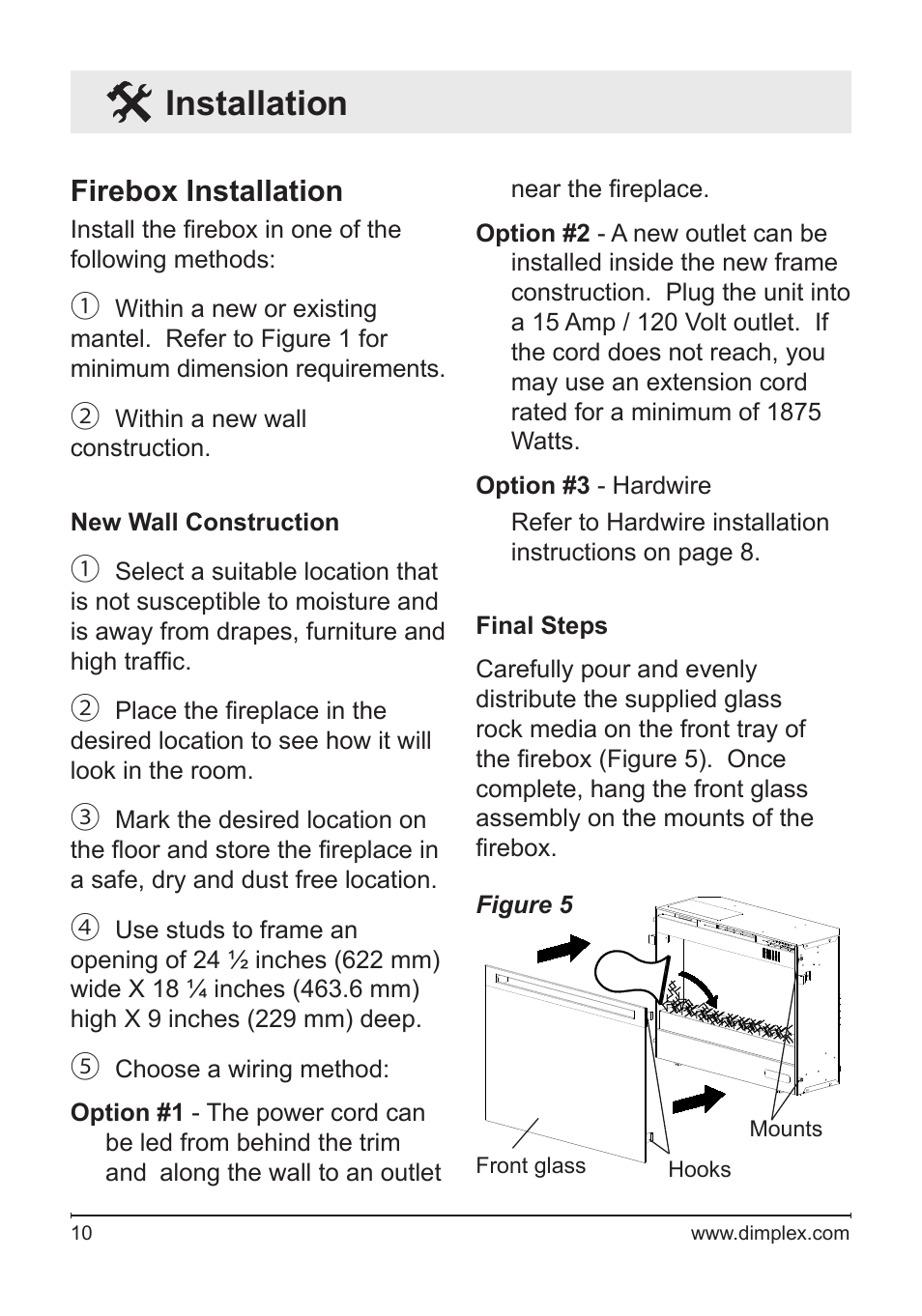 Installation, Firebox installation | Dimplex Electric Fireplace DFG253A User Manual | Page 10 / 19