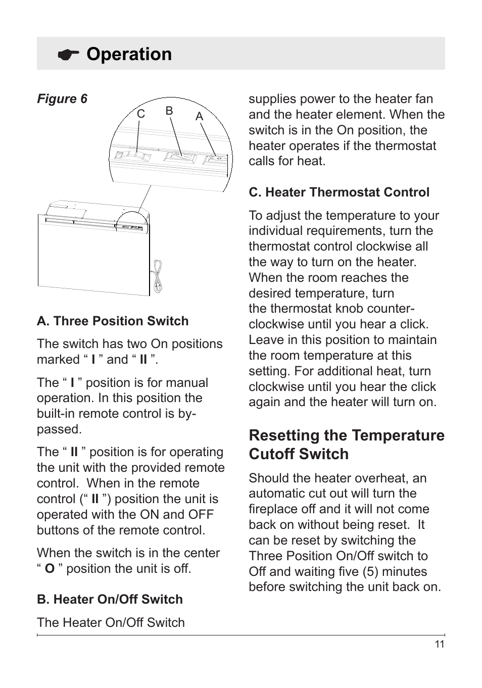 Operation, Resetting the temperature cutoff switch | Dimplex Electric Fireplace DFG253A User Manual | Page 11 / 19