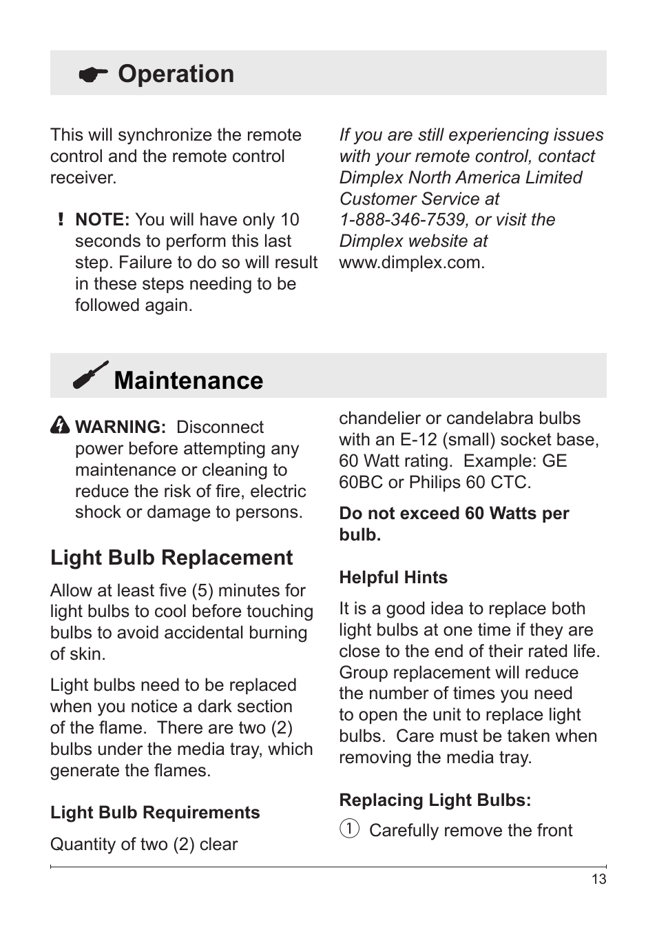 Maintenance, Operation, Light bulb replacement | Dimplex Electric Fireplace DFG253A User Manual | Page 13 / 19