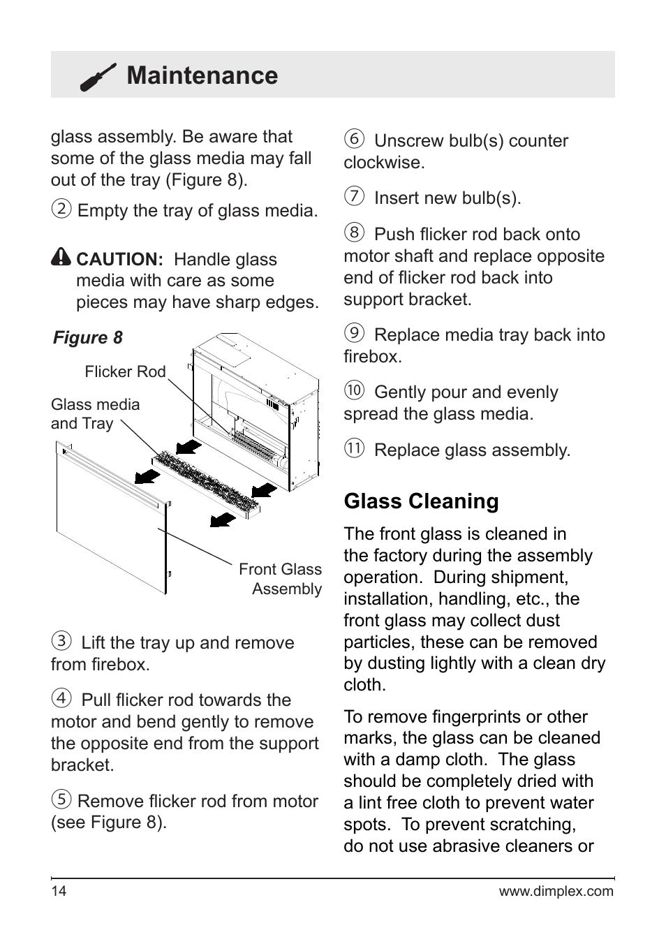 Maintenance, Glass cleaning | Dimplex Electric Fireplace DFG253A User Manual | Page 14 / 19