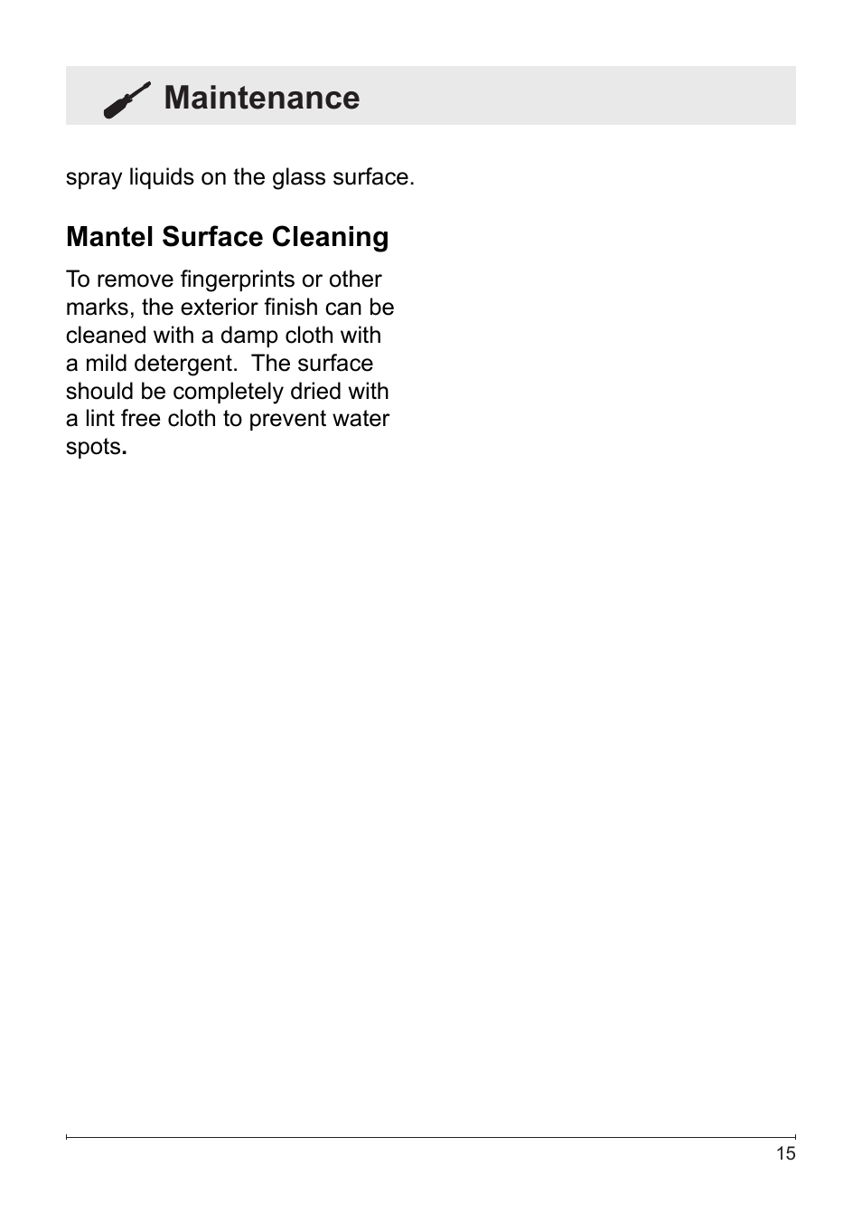 Maintenance, Mantel surface cleaning | Dimplex Electric Fireplace DFG253A User Manual | Page 15 / 19