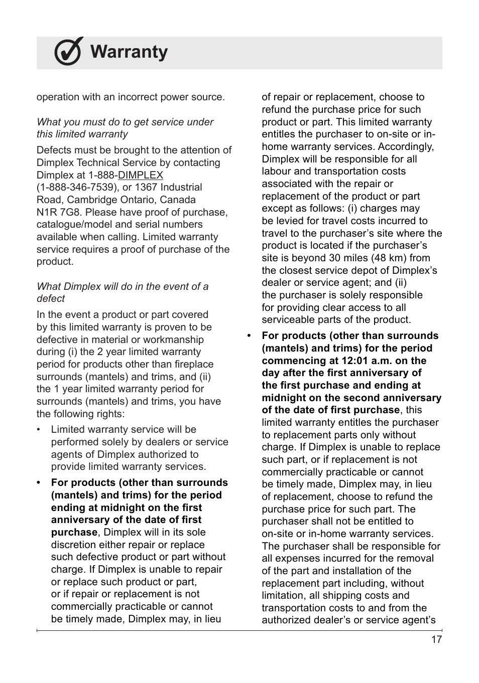 Warranty | Dimplex Electric Fireplace DFG253A User Manual | Page 17 / 19