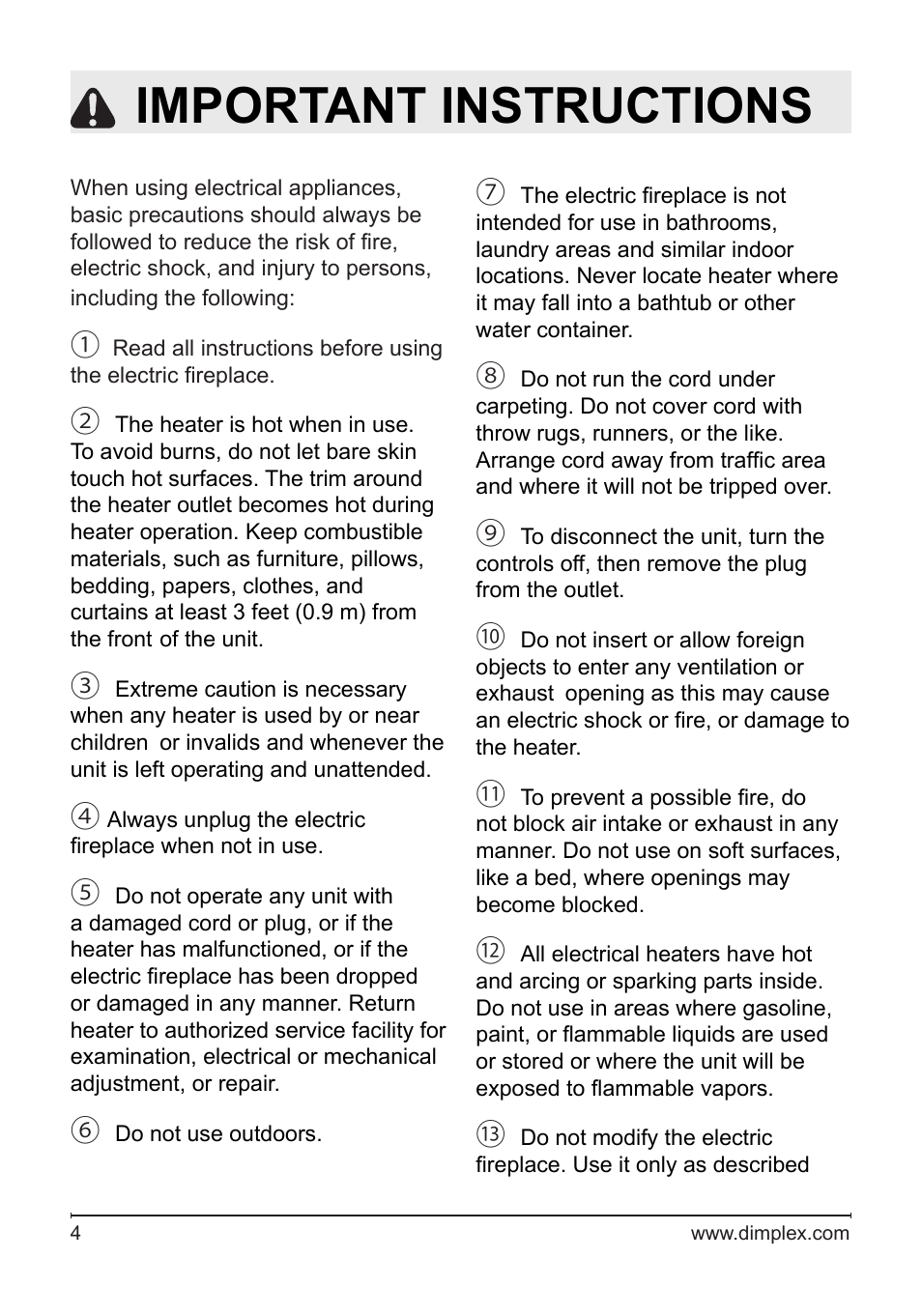 Important instructions | Dimplex Electric Fireplace DFG253A User Manual | Page 4 / 19