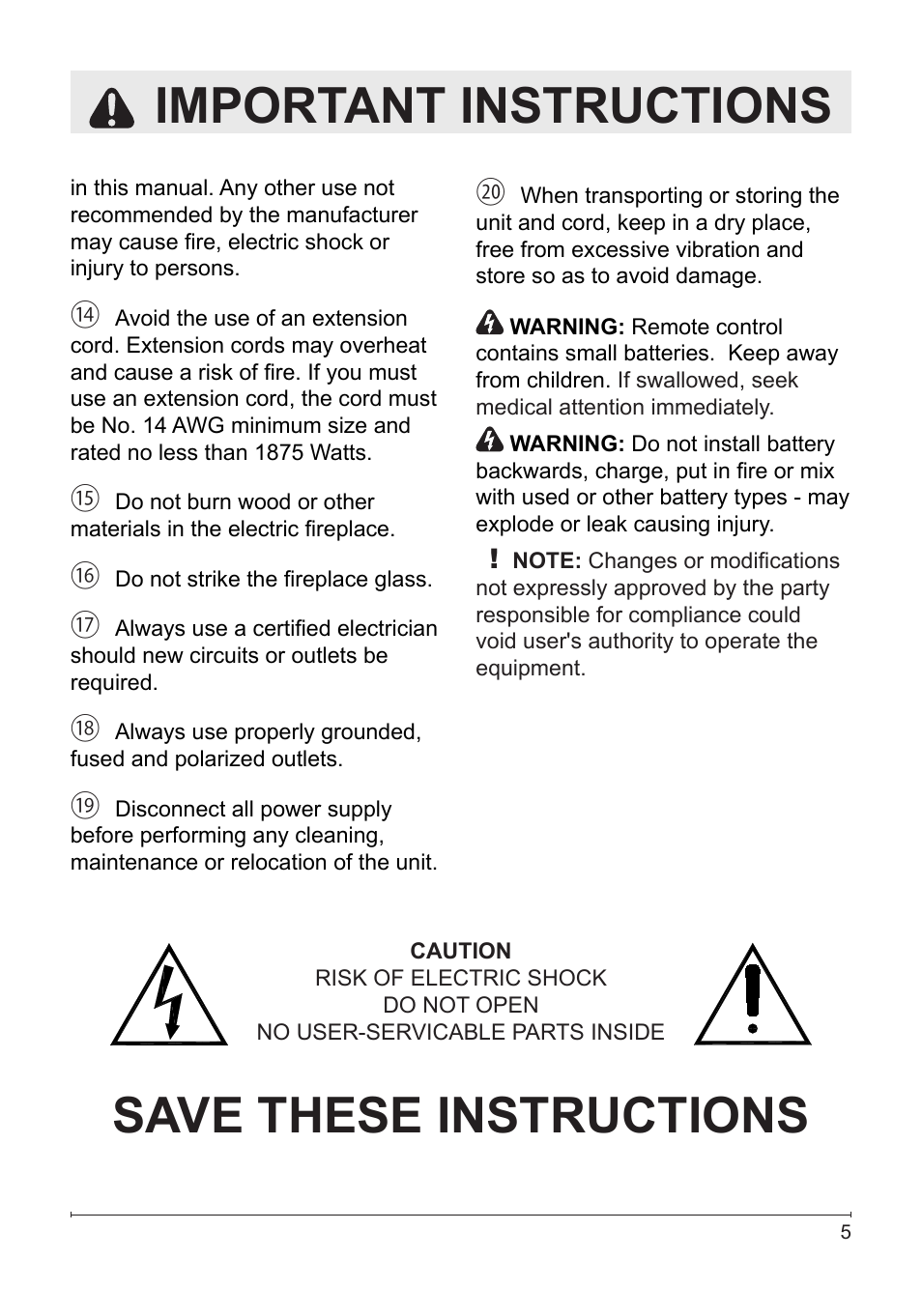 Save these instructions, Important instructions | Dimplex Electric Fireplace DFG253A User Manual | Page 5 / 19