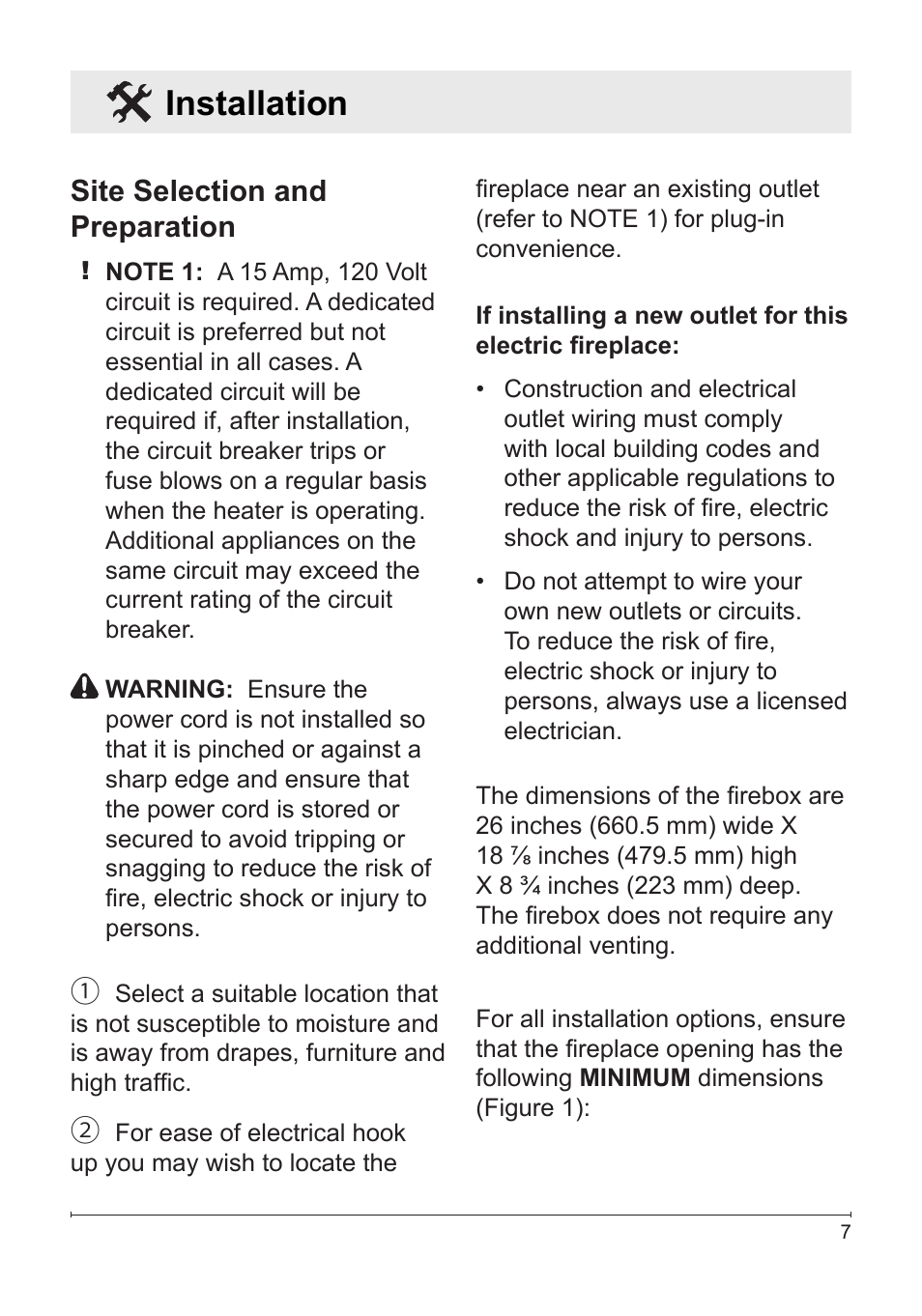 Installation, Site selection and preparation | Dimplex Electric Fireplace DFG253A User Manual | Page 7 / 19