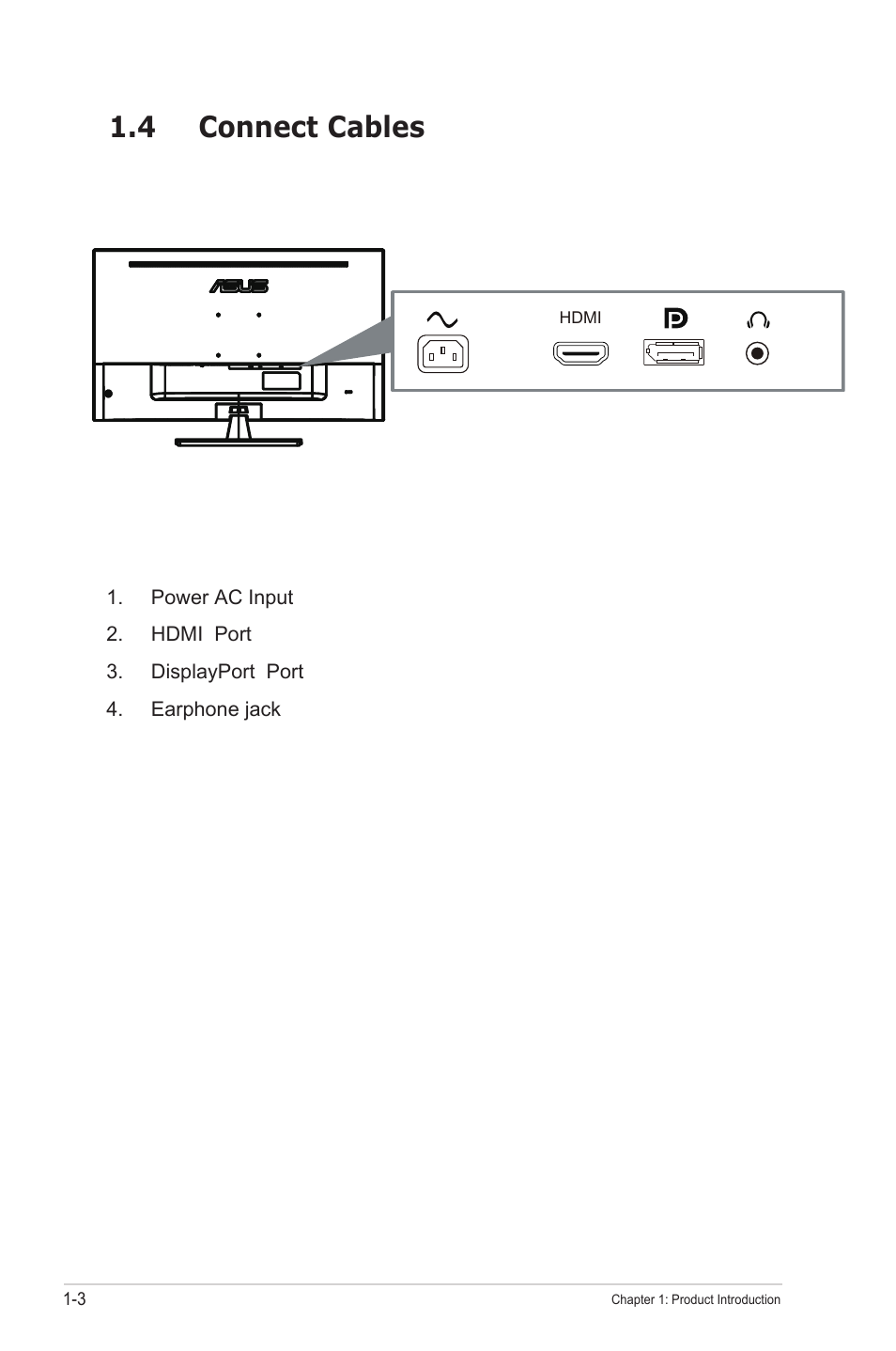 4 connect cables, 1 rear of the lcd monitor, Connect cables -3 | Rear of the lcd monitor -3 | Asus VP32AQ Eye Care 31.5" 16:9 Adaptive-Sync/FreeSync QHD HDR IPS Monitor User Manual | Page 10 / 26
