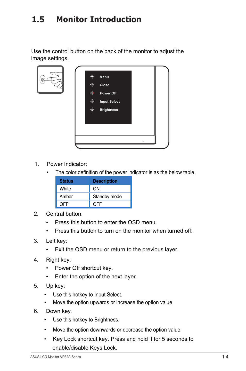 5 monitor introduction, 1 using the control buttons, Monitor introduction -4 | Using the control buttons -4 | Asus VP32AQ Eye Care 31.5" 16:9 Adaptive-Sync/FreeSync QHD HDR IPS Monitor User Manual | Page 11 / 26