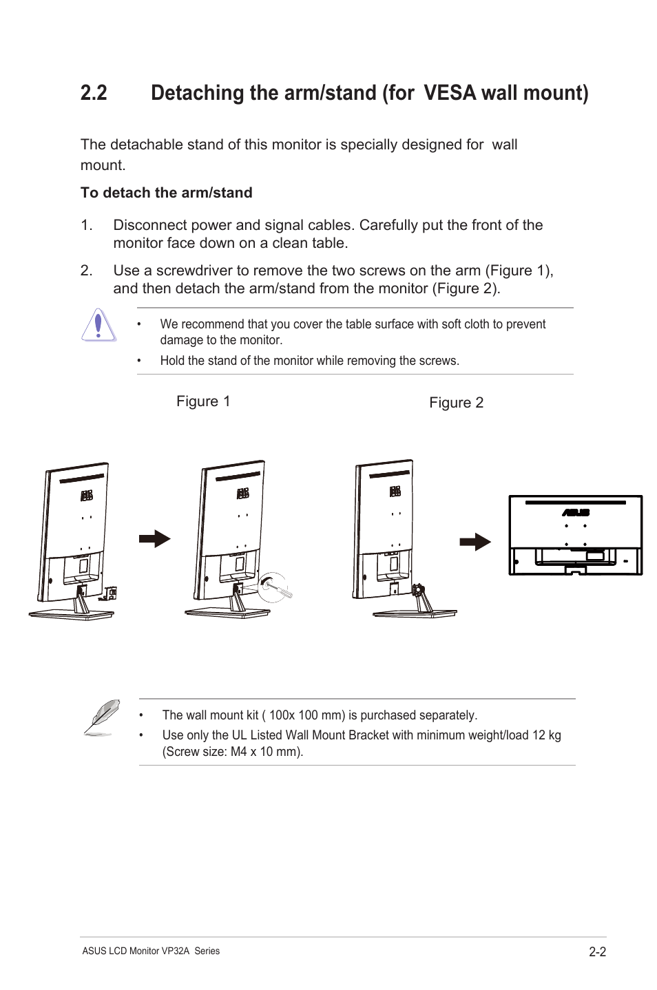 空白页面, 2detaching the arm/stand (for vesa wall mount) | Asus VP32AQ Eye Care 31.5" 16:9 Adaptive-Sync/FreeSync QHD HDR IPS Monitor User Manual | Page 13 / 26