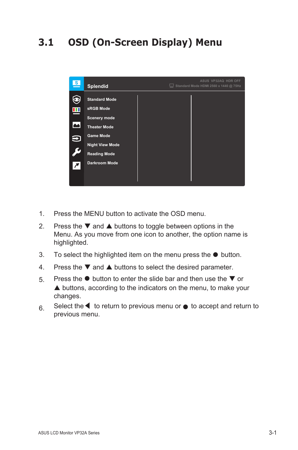 1 osd (on-screen display) menu, 1 how to reconfigure | Asus VP32AQ Eye Care 31.5" 16:9 Adaptive-Sync/FreeSync QHD HDR IPS Monitor User Manual | Page 14 / 26