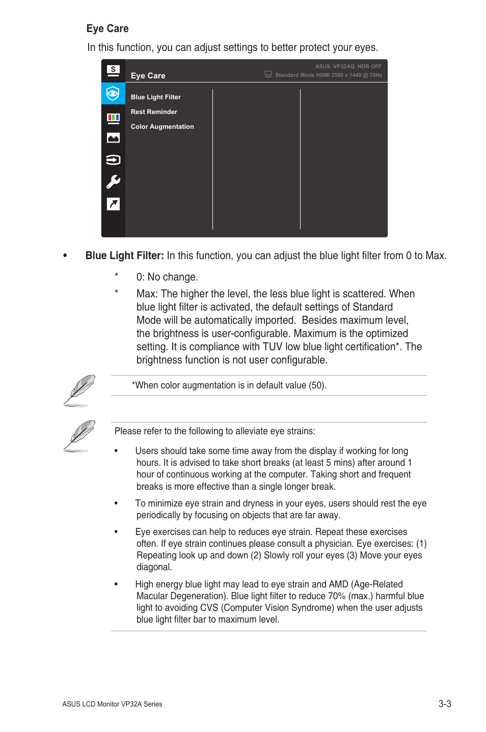 Eye care | Asus VP32AQ Eye Care 31.5" 16:9 Adaptive-Sync/FreeSync QHD HDR IPS Monitor User Manual | Page 16 / 26