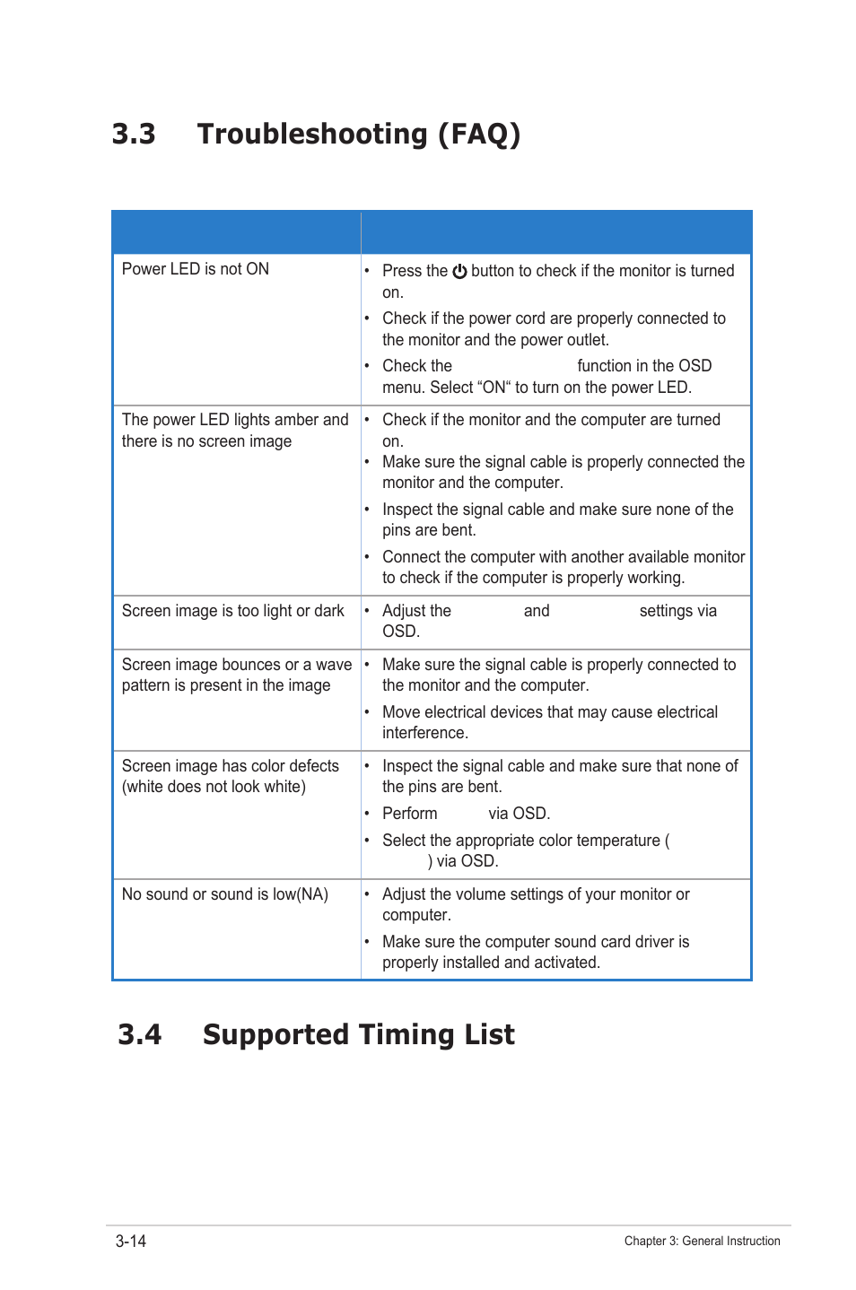 3 troubleshooting (faq), 4 supported timing list | Asus VP32AQ Eye Care 31.5" 16:9 Adaptive-Sync/FreeSync QHD HDR IPS Monitor User Manual | Page 25 / 26