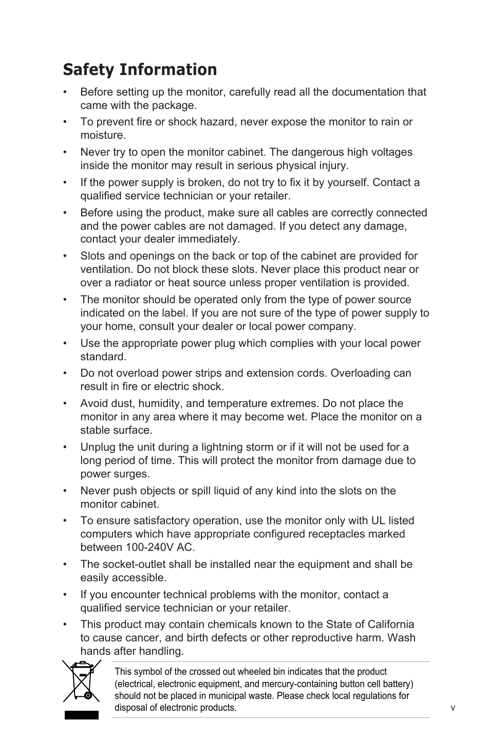 Safety information | Asus VP32AQ Eye Care 31.5" 16:9 Adaptive-Sync/FreeSync QHD HDR IPS Monitor User Manual | Page 5 / 26
