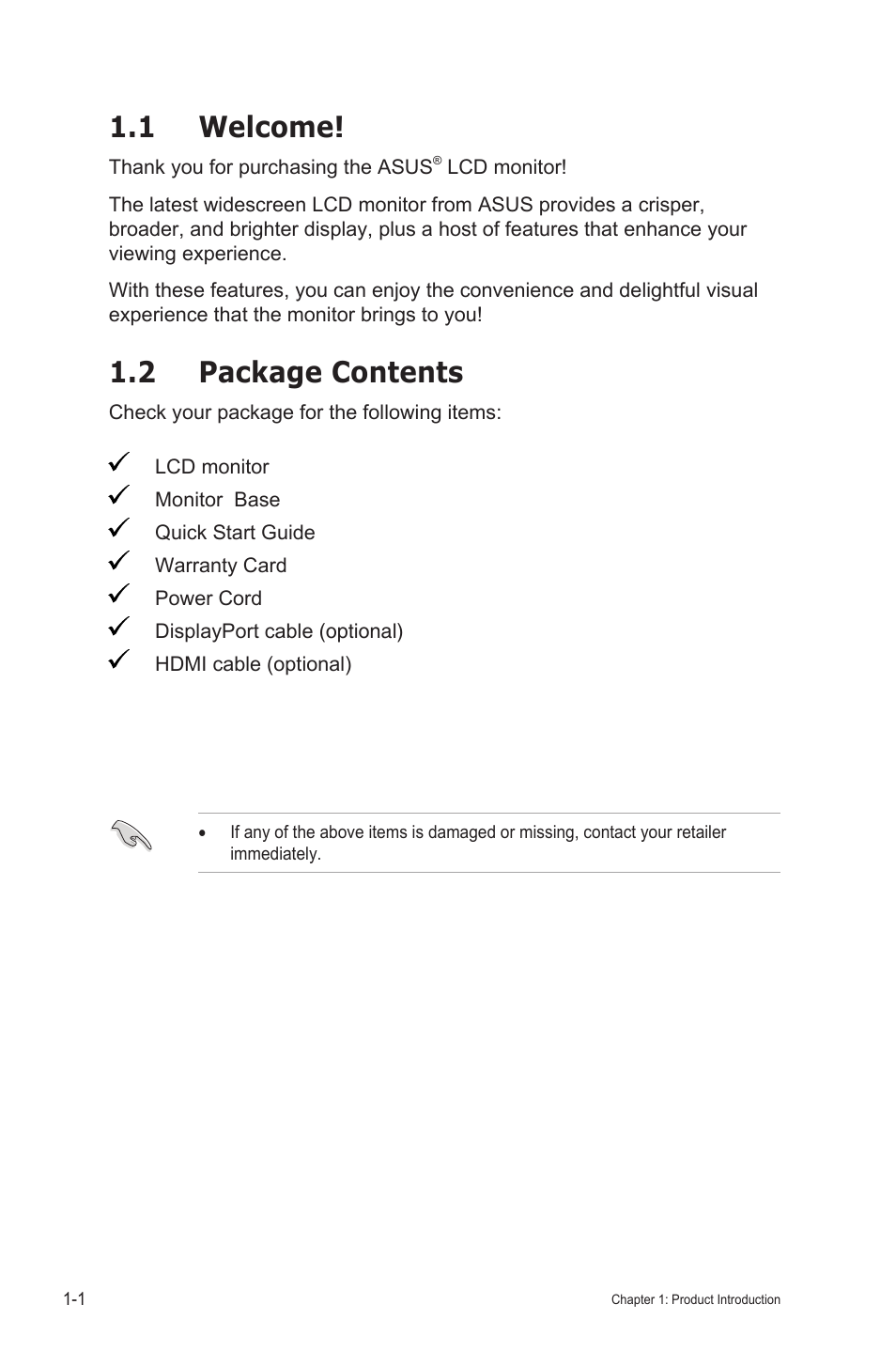 1 welcome, 2 package contents, 1 welcome! -1 | Package contents -1 | Asus VP32AQ Eye Care 31.5" 16:9 Adaptive-Sync/FreeSync QHD HDR IPS Monitor User Manual | Page 8 / 26
