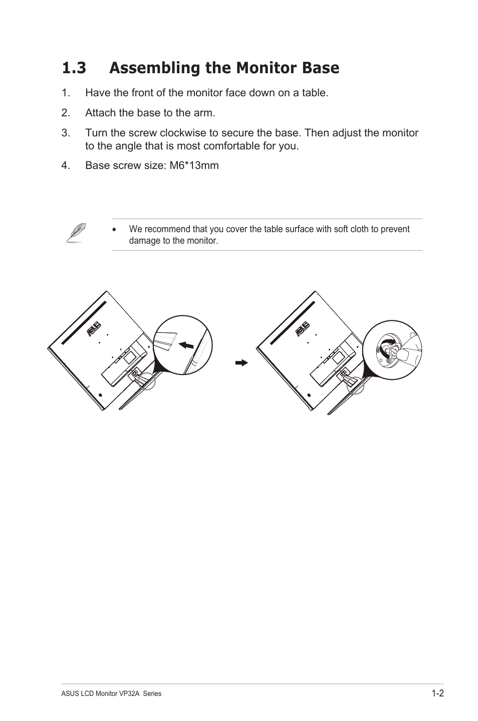3 assembling the monitor base, Assembling the monitor base -2 | Asus VP32AQ Eye Care 31.5" 16:9 Adaptive-Sync/FreeSync QHD HDR IPS Monitor User Manual | Page 9 / 26