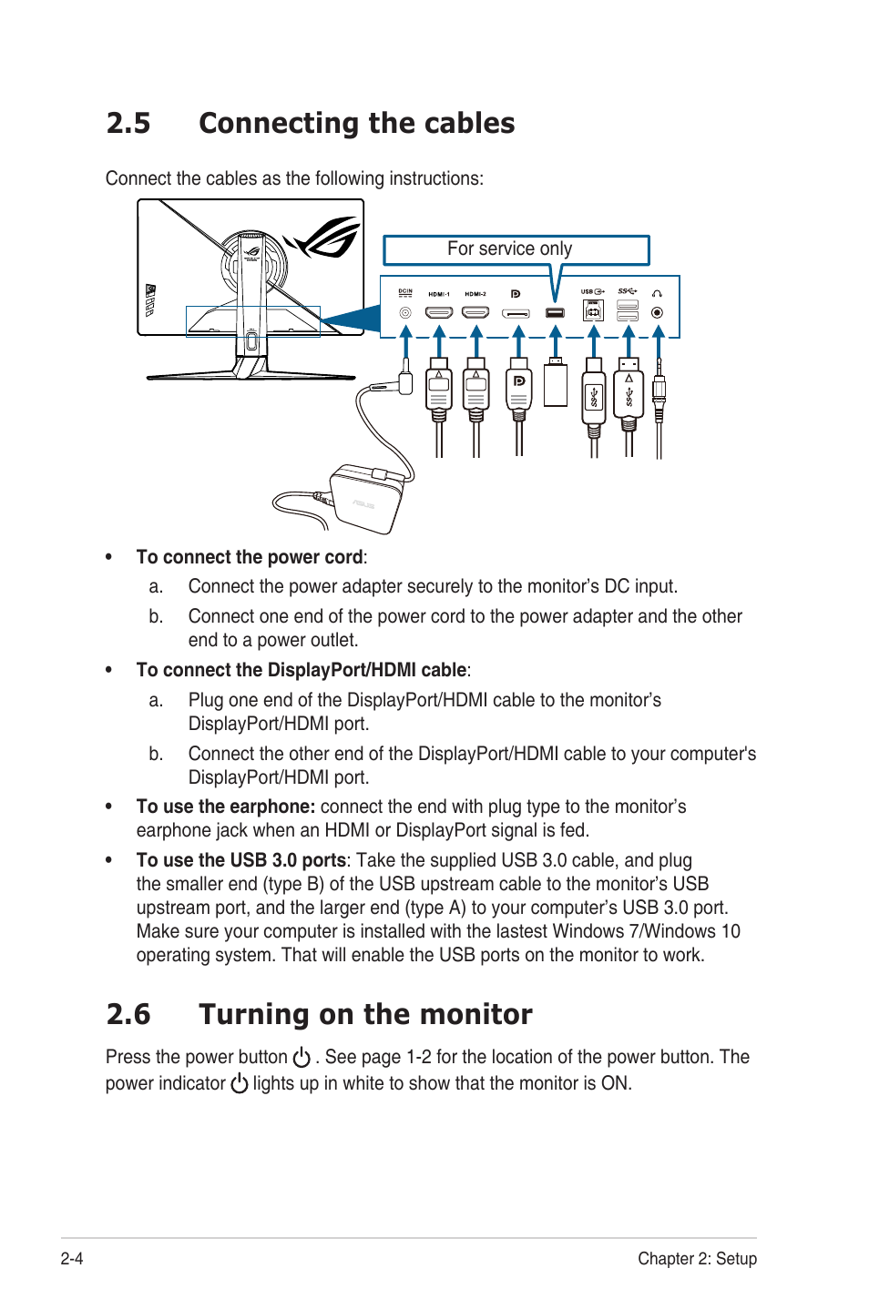 5 connecting the cables, 6 turning on the monitor, Connecting the cables -4 | Turning on the monitor -4 | Asus Republic of Gamers Strix 27" HDR 170 Hz Gaming Monitor (White) User Manual | Page 18 / 32