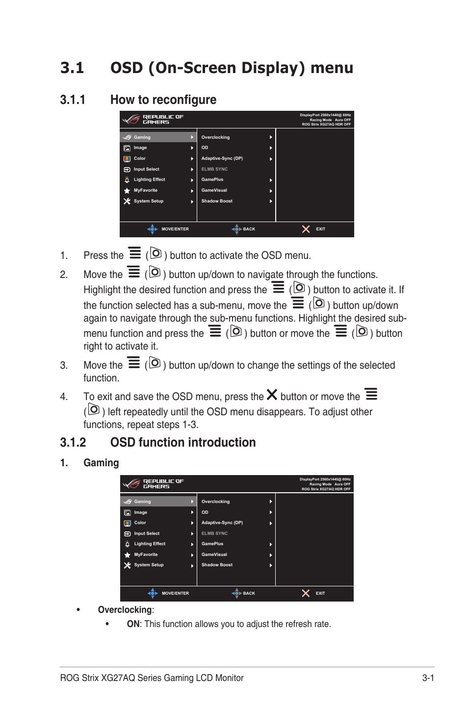 Chapter 3: general instructions, 1 osd (on-screen display) menu, 1 how to reconfigure | 2 osd function introduction, Osd (on-screen display) menu -1, How to reconfigure, Osd function introduction -1, Gaming, 1 rog strix xg27aq series gaming lcd monitor | Asus Republic of Gamers Strix 27" HDR 170 Hz Gaming Monitor (White) User Manual | Page 19 / 32