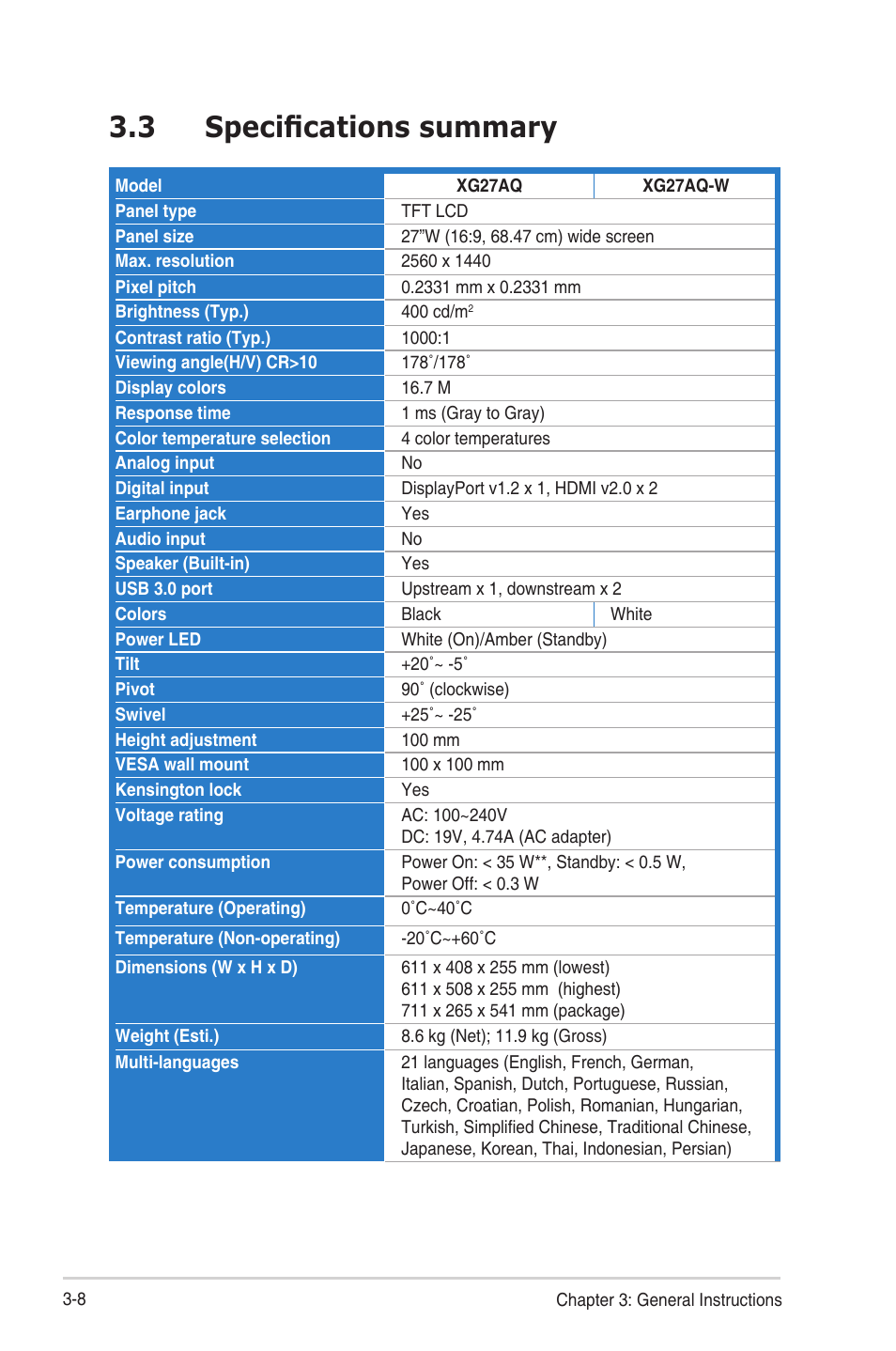 3 specifications summary, Specifications summary | Asus Republic of Gamers Strix 27" HDR 170 Hz Gaming Monitor (White) User Manual | Page 26 / 32