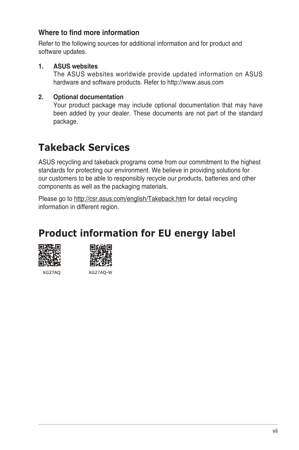 Takeback services, Product information for eu energy label | Asus Republic of Gamers Strix 27" HDR 170 Hz Gaming Monitor (White) User Manual | Page 7 / 32