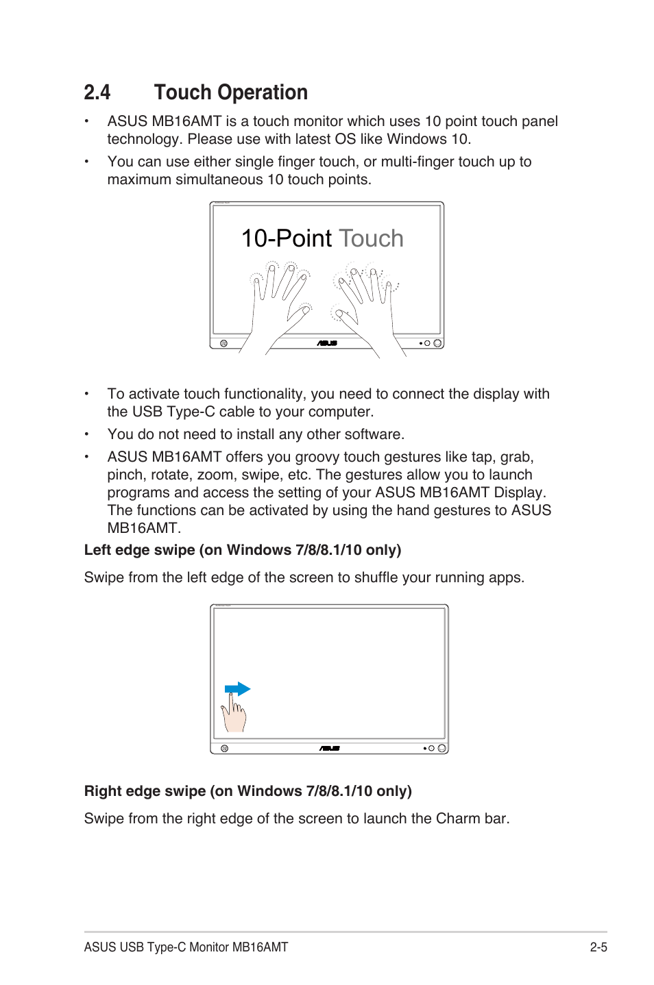 4 touch operation, Touch operation -5, Point touch | Asus ZenScreen Touch MB16AMT 15.6" 16:9 Multi-Touch IPS Monitor User Manual | Page 15 / 32