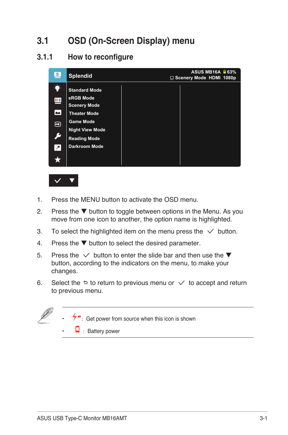 1 osd (on-screen display) menu, 1 how to reconfigure, Osd (on-screen display) menu -1 | How to reconfigure -1 | Asus ZenScreen Touch MB16AMT 15.6" 16:9 Multi-Touch IPS Monitor User Manual | Page 19 / 32