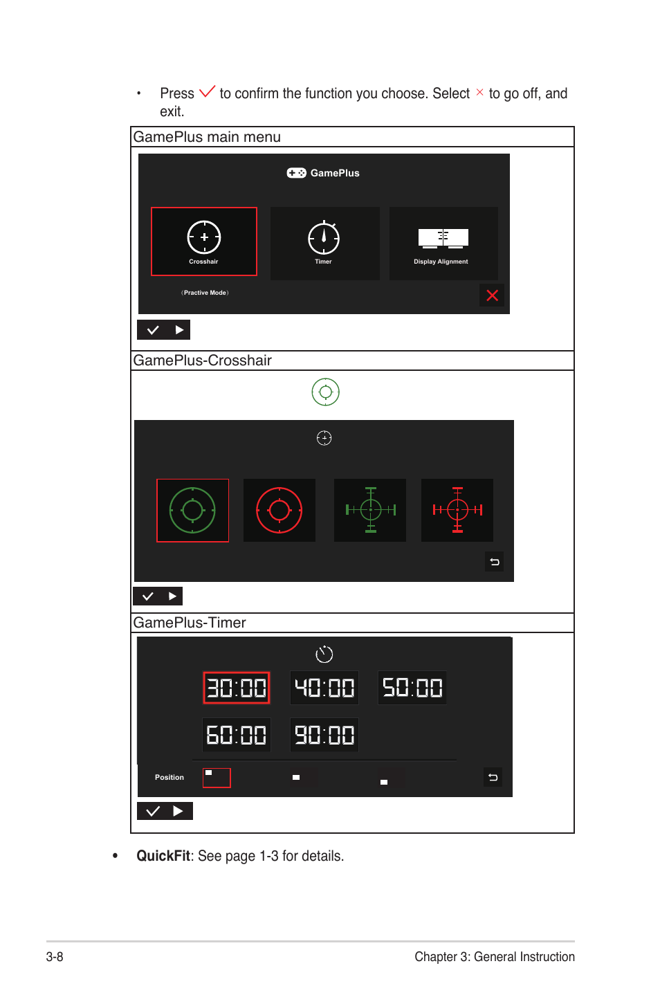 Gameplus-crosshair gameplus-timer, Quickfit : see page 1-3 for details, 8 chapter 3: general instruction | Asus ZenScreen Touch MB16AMT 15.6" 16:9 Multi-Touch IPS Monitor User Manual | Page 26 / 32