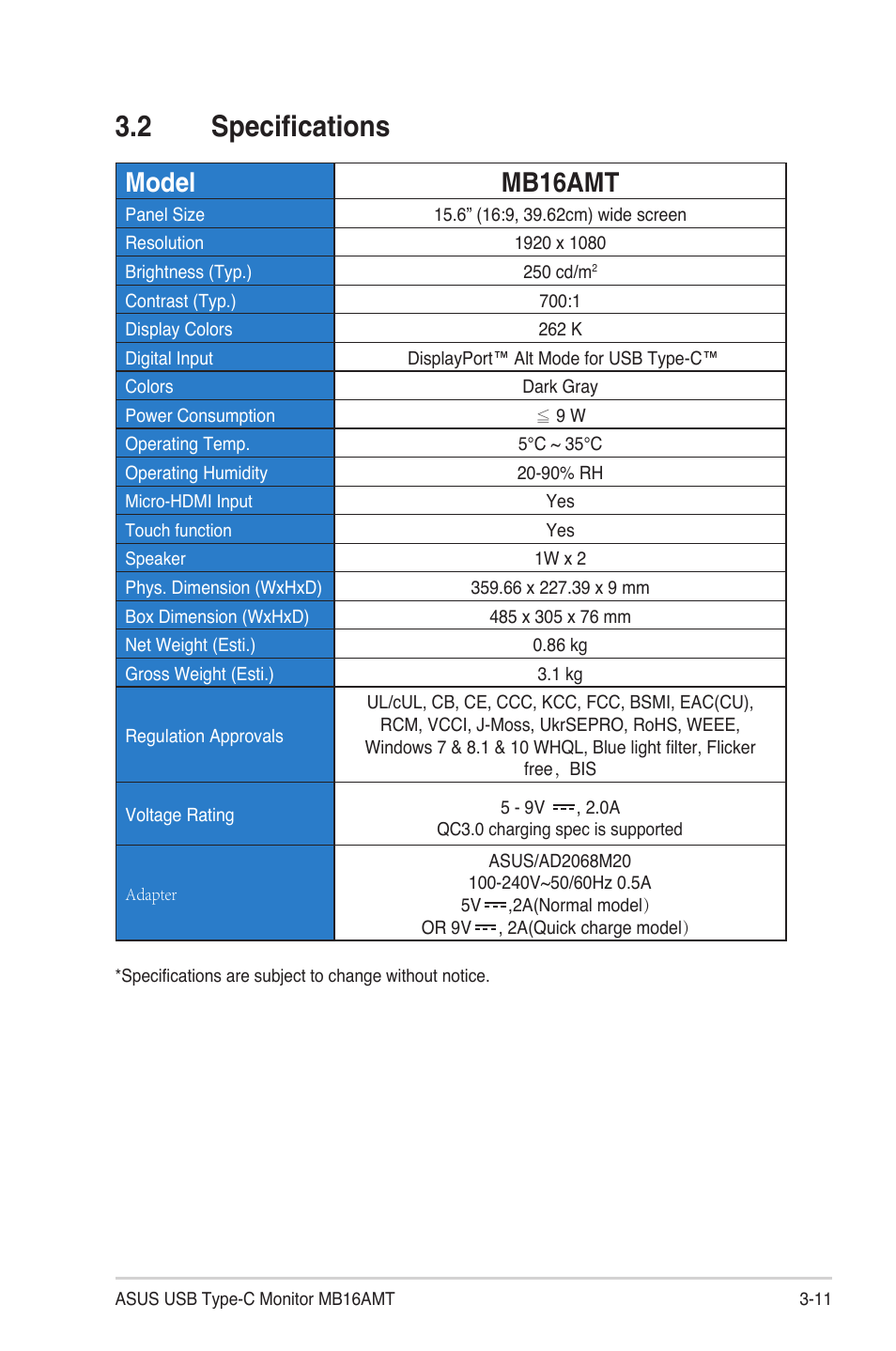 2 specifications, Specifications, Model mb16amt | Asus ZenScreen Touch MB16AMT 15.6" 16:9 Multi-Touch IPS Monitor User Manual | Page 29 / 32