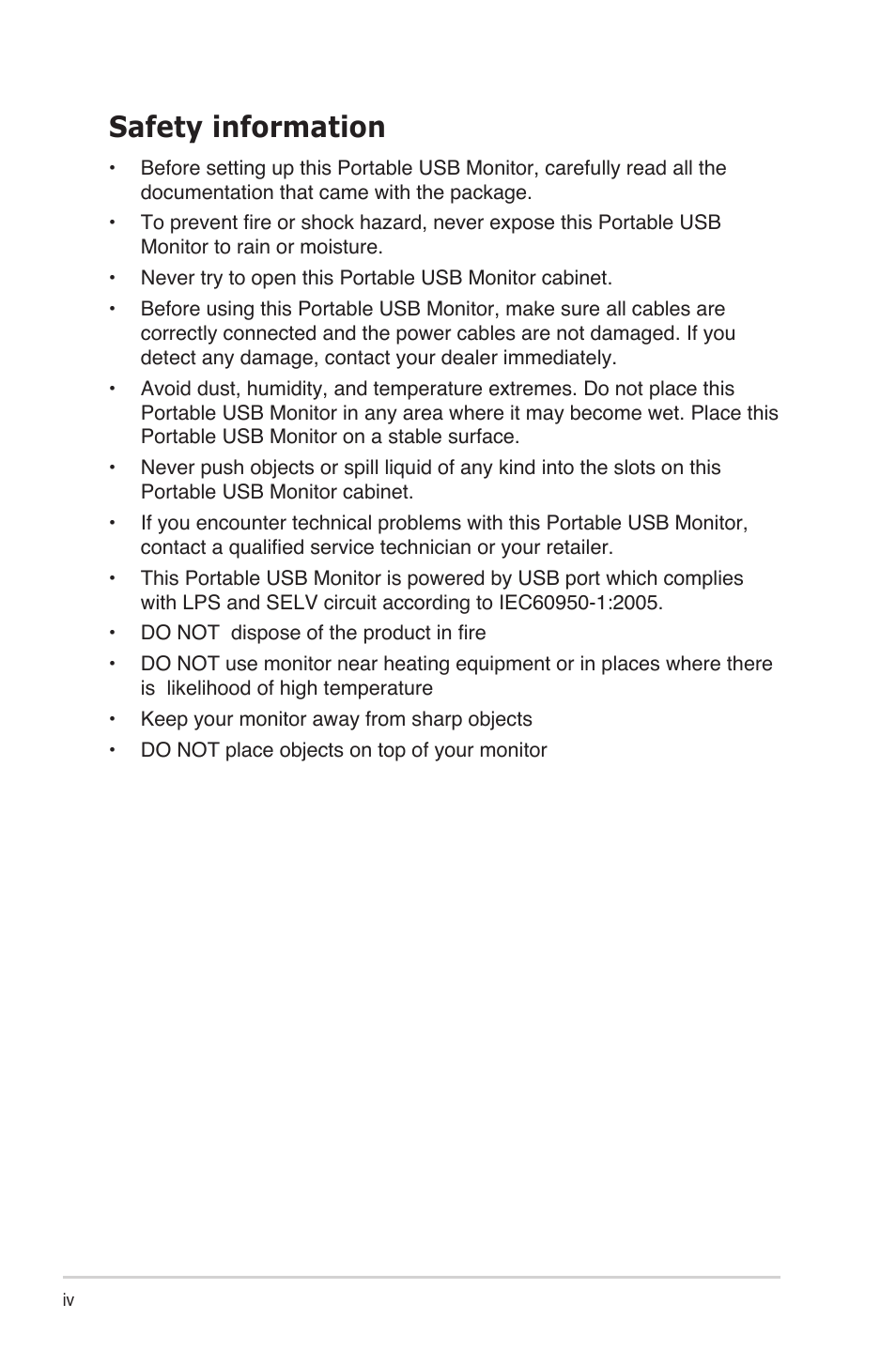 Safety information | Asus ZenScreen Touch MB16AMT 15.6" 16:9 Multi-Touch IPS Monitor User Manual | Page 4 / 32