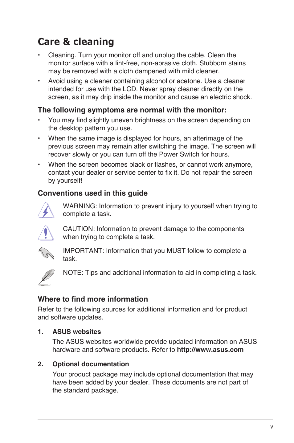 Care & cleaning | Asus ZenScreen Touch MB16AMT 15.6" 16:9 Multi-Touch IPS Monitor User Manual | Page 5 / 32