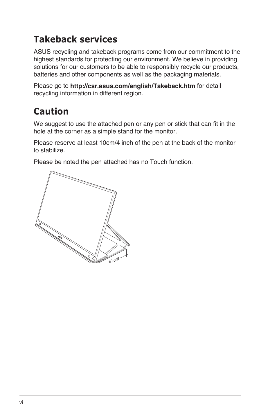 Takeback services, Caution | Asus ZenScreen Touch MB16AMT 15.6" 16:9 Multi-Touch IPS Monitor User Manual | Page 6 / 32