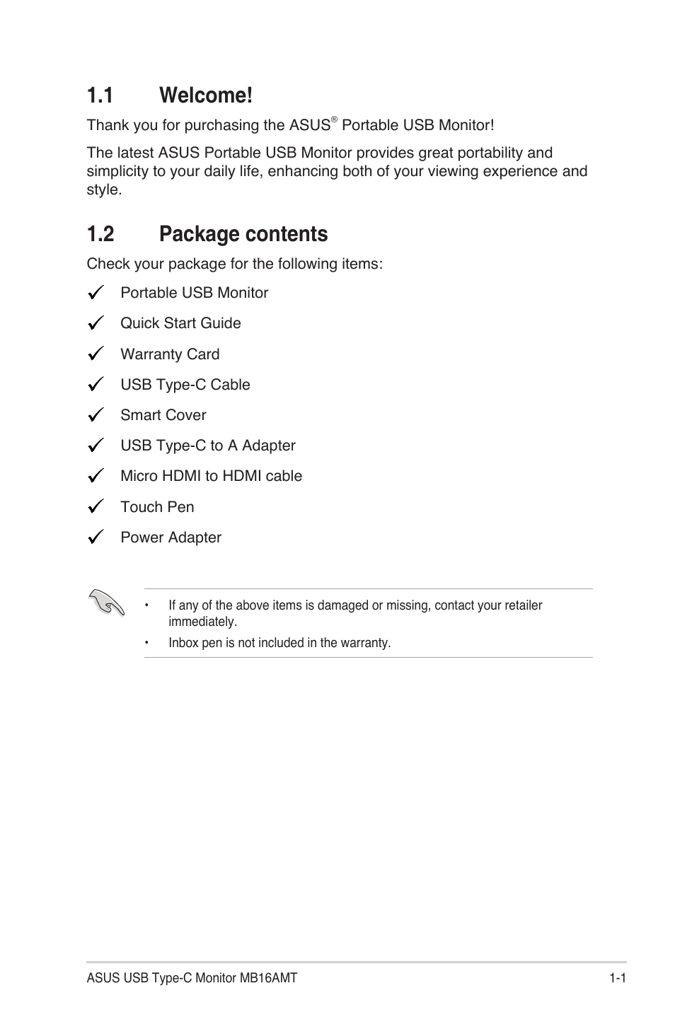 1 welcome, 2 package contents, 1 welcome! -1 1.2 | Package contents -1 | Asus ZenScreen Touch MB16AMT 15.6" 16:9 Multi-Touch IPS Monitor User Manual | Page 7 / 32