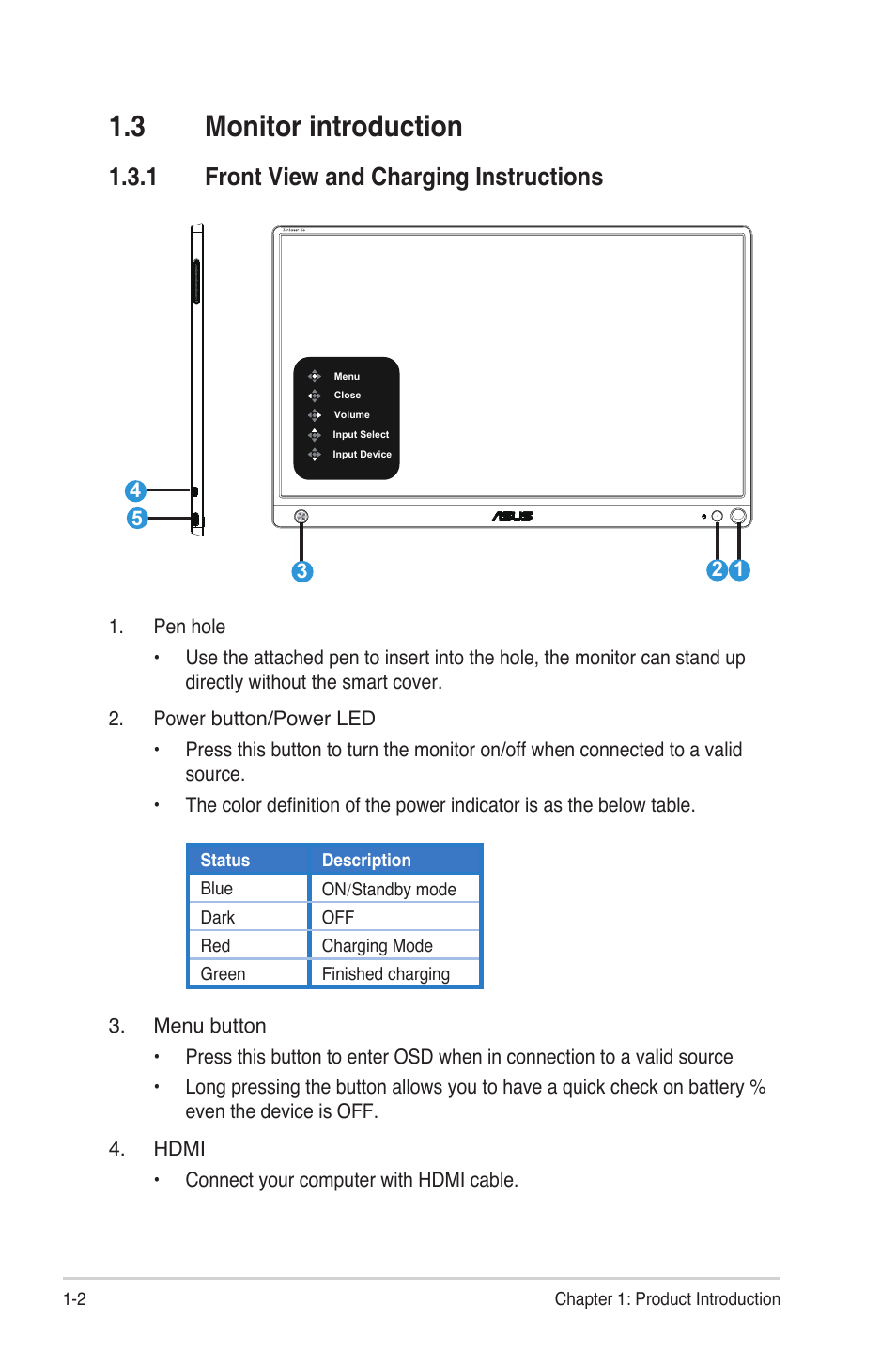 3 monitor introduction, 1 front view and charging instructions, Monitor introduction -2 | Front view and charging instructions -2 | Asus ZenScreen Touch MB16AMT 15.6" 16:9 Multi-Touch IPS Monitor User Manual | Page 8 / 32