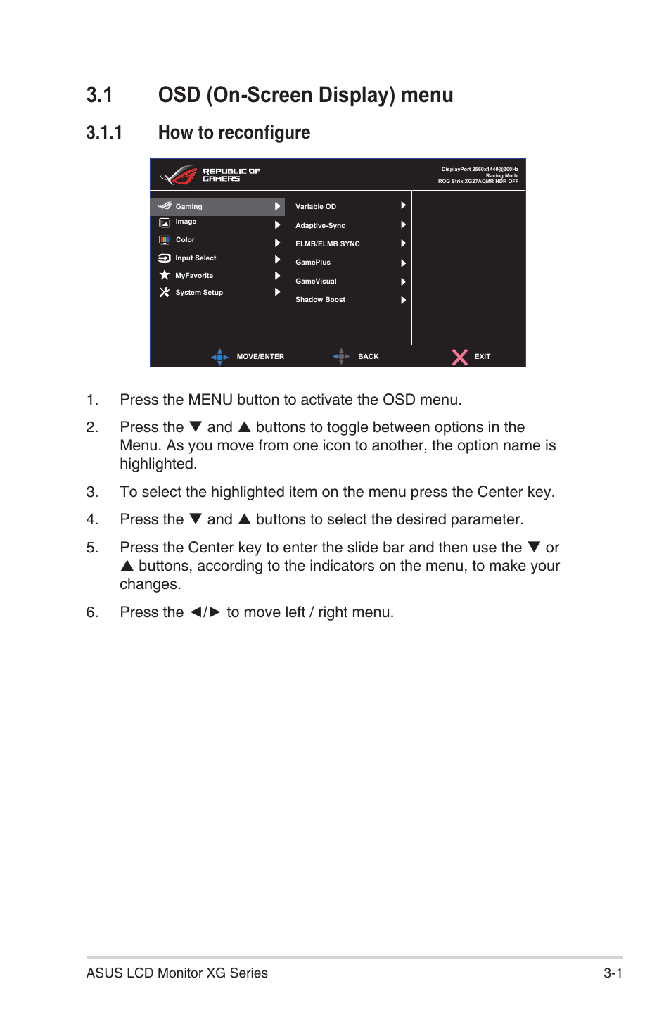 1 osd (on-screen display) menu, 1 how to reconfigure, Osd (on-screen display) menu -1 | How to reconfigure | Asus ROG Strix XG27AQMR 27" 1440p HDR 300 Hz Gaming Monitor User Manual | Page 19 / 30