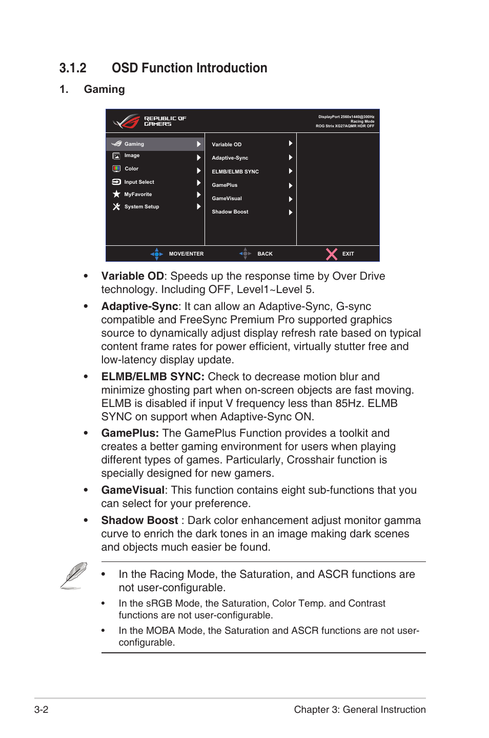 2 osd function introduction, Osd function introduction -2, Gaming | Asus ROG Strix XG27AQMR 27" 1440p HDR 300 Hz Gaming Monitor User Manual | Page 20 / 30