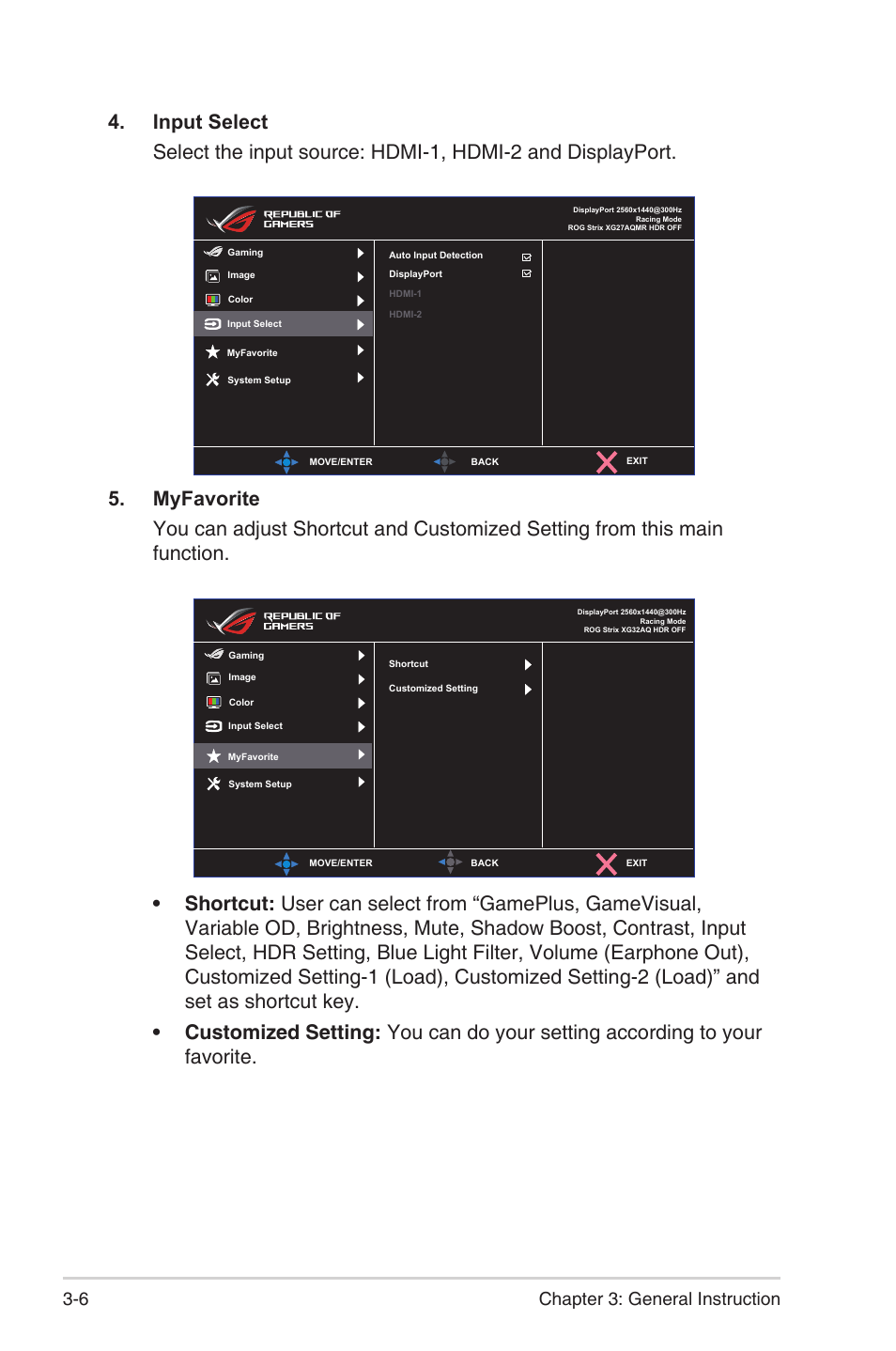 6 chapter 3: general instruction | Asus ROG Strix XG27AQMR 27" 1440p HDR 300 Hz Gaming Monitor User Manual | Page 24 / 30