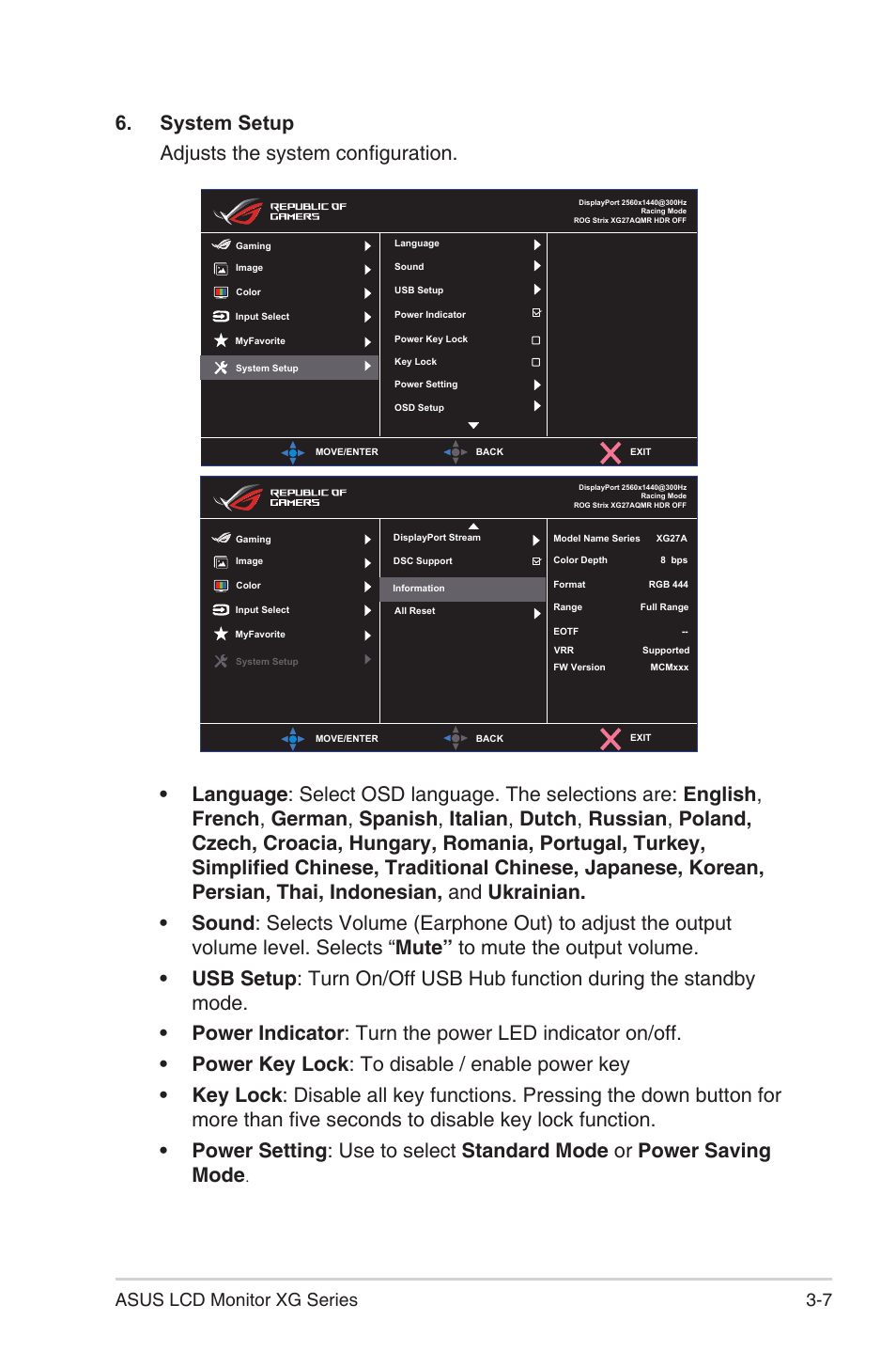 System setup adjusts the system configuration, 7 asus lcd monitor xg series | Asus ROG Strix XG27AQMR 27" 1440p HDR 300 Hz Gaming Monitor User Manual | Page 25 / 30