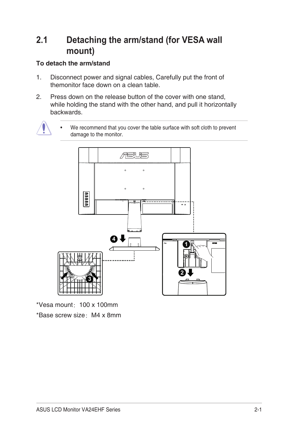 1 detaching the arm/stand (for vesa wall mount) | Asus VA24EHF 24" Eye Care Monitor User Manual | Page 16 / 31